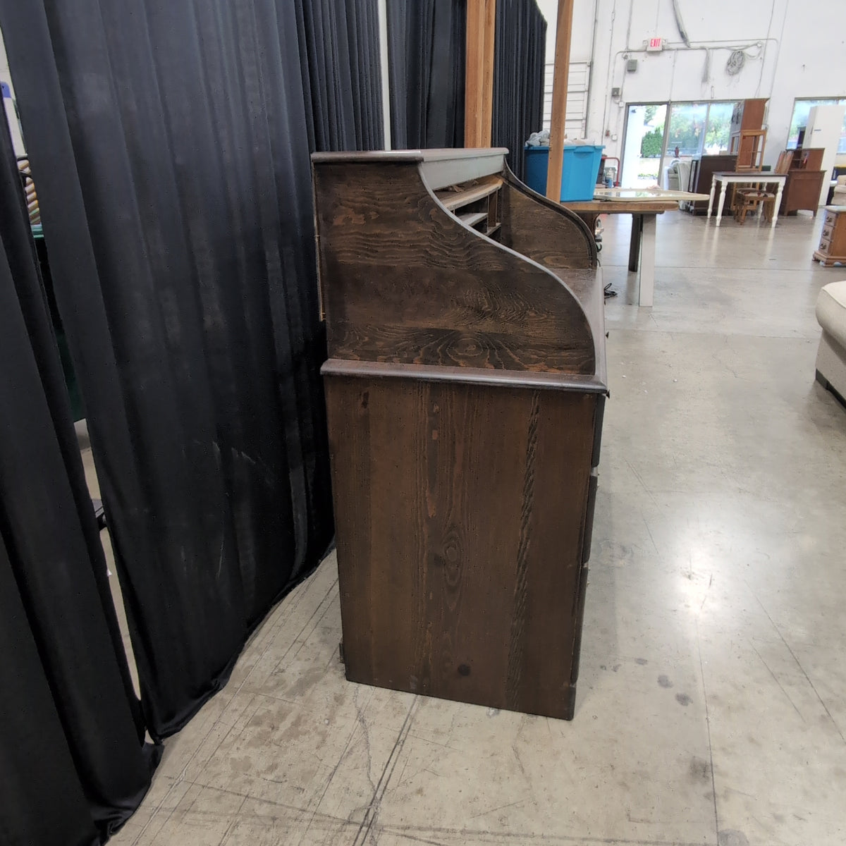 Traditional Dark Wood Roll-Top Desk with Drawers