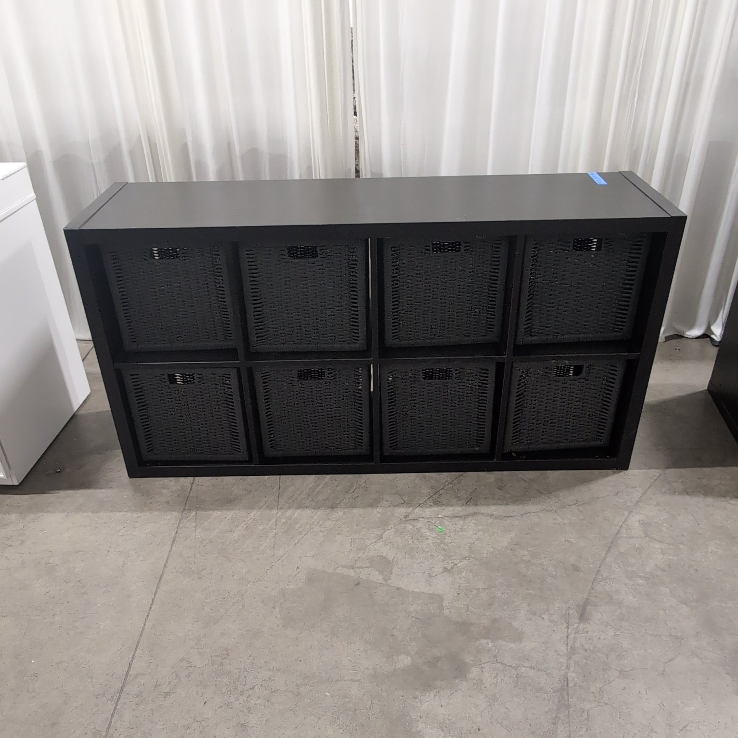Dark Brown Eight-Cube Bookcase with Grey Baskets