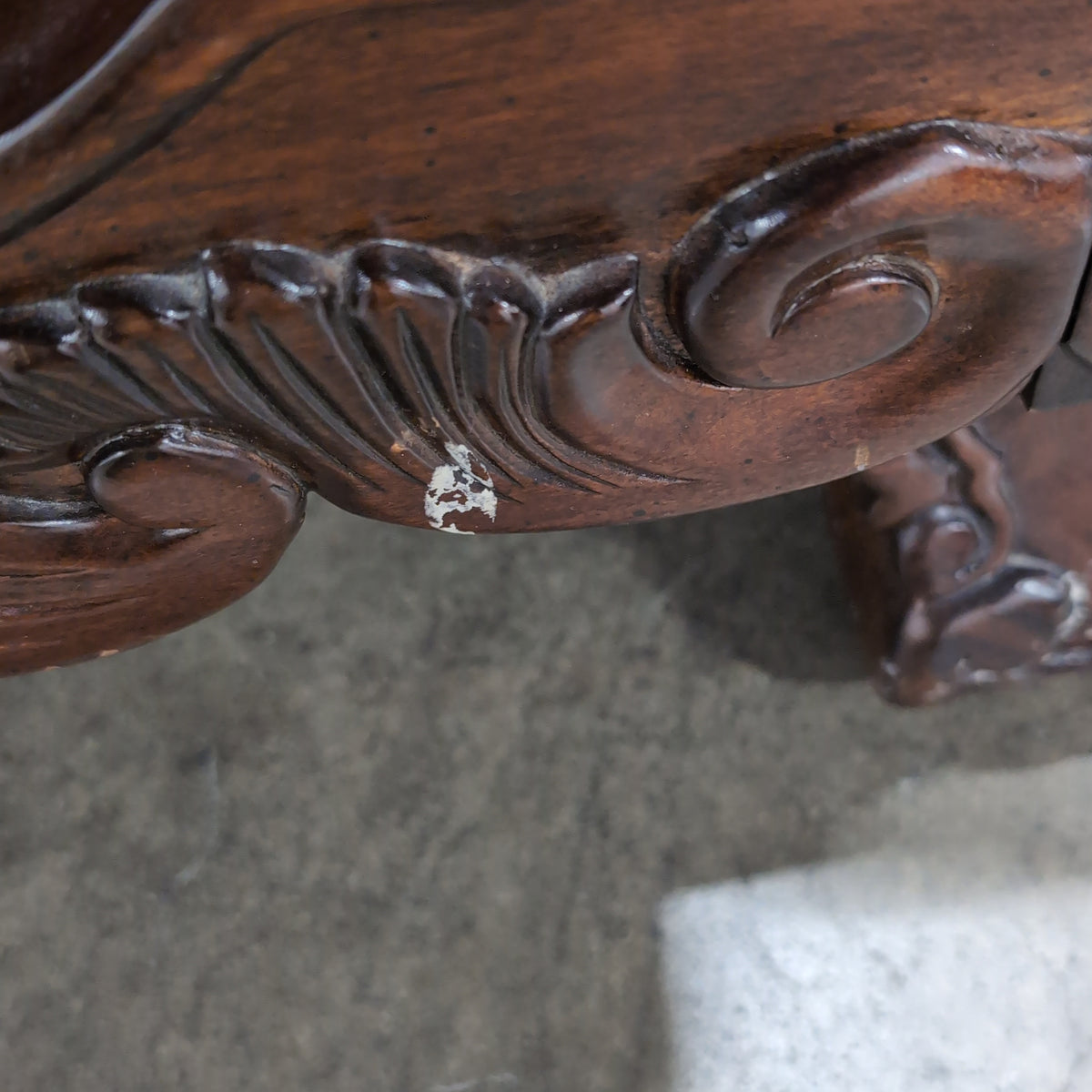 Ornate Red and Gold Damask Loveseat with Carved Wood