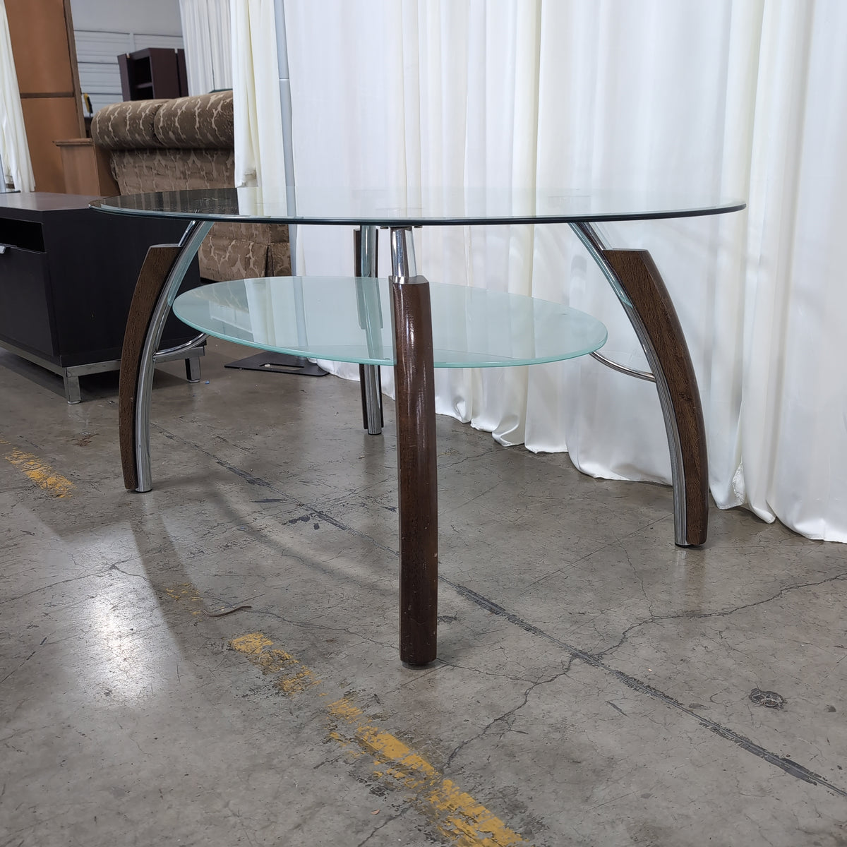 Contemporary Oval Glass Coffee Table with Wood Legs