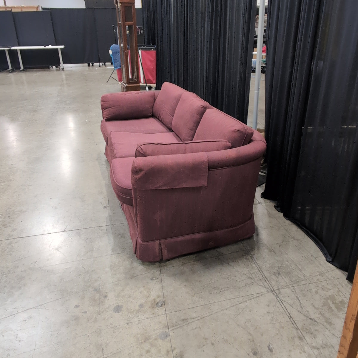 Traditional Burgundy Fabric Couch with Rolled Arms
