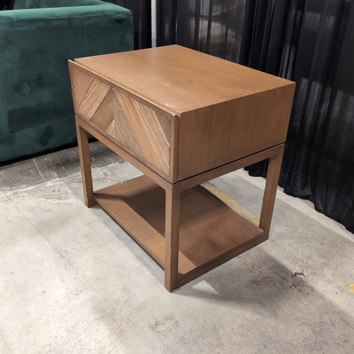 Crate & Barrel Warm Brown Wood Nightstand with Geometric Drawer