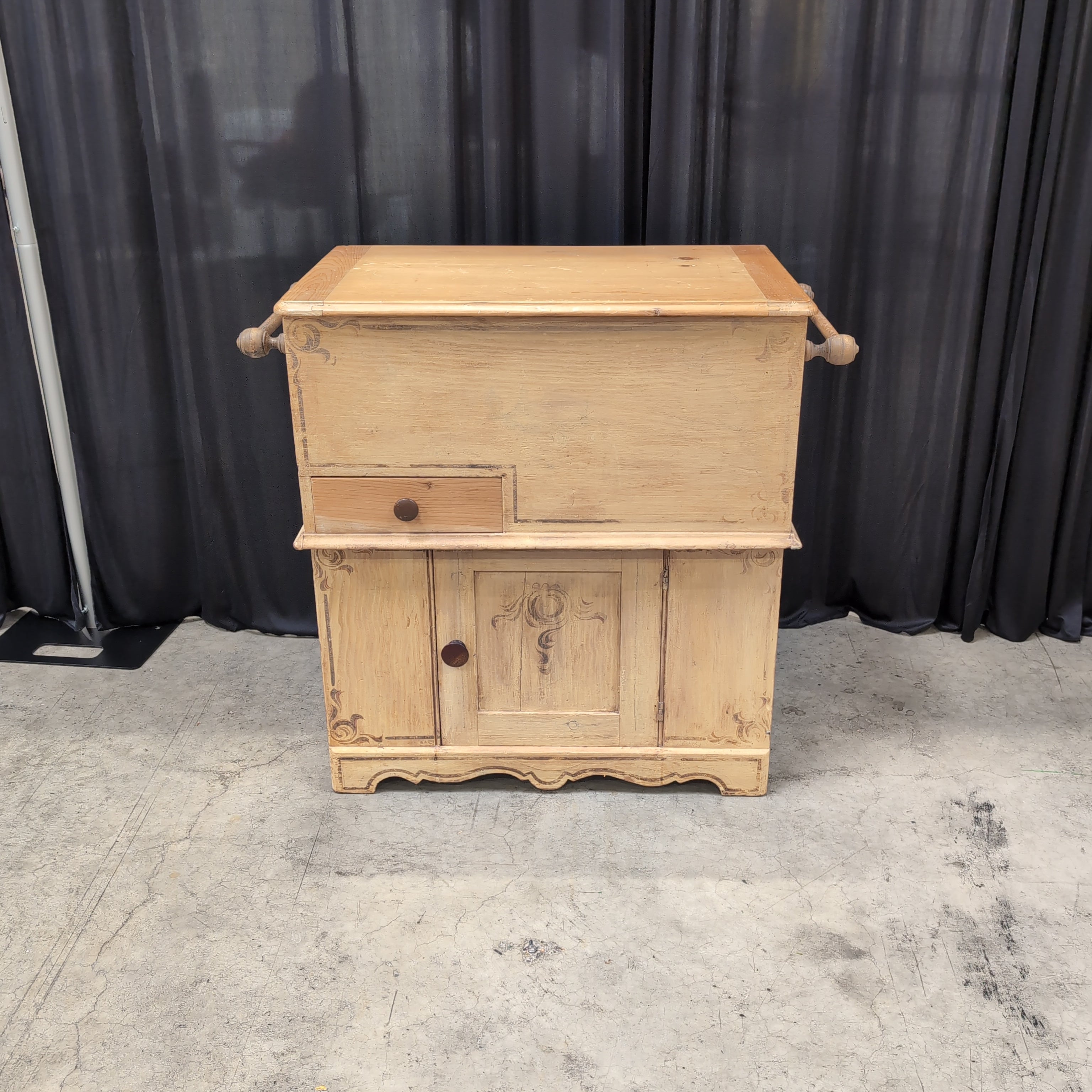Pine lift-top washstand and dry sink cabinet