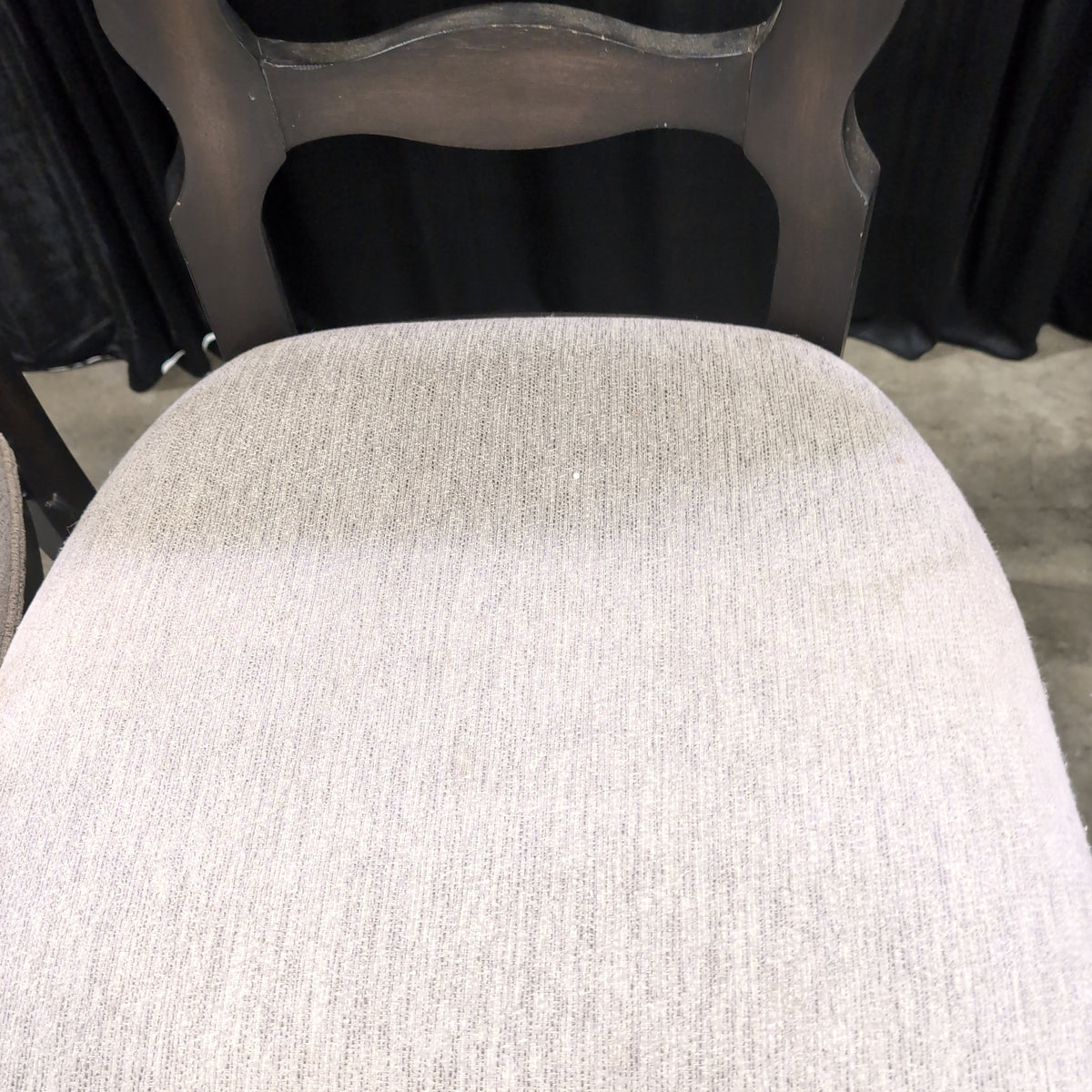 Pair of Dark Wood Ornate Back Dining Chairs with Upholstered Seats