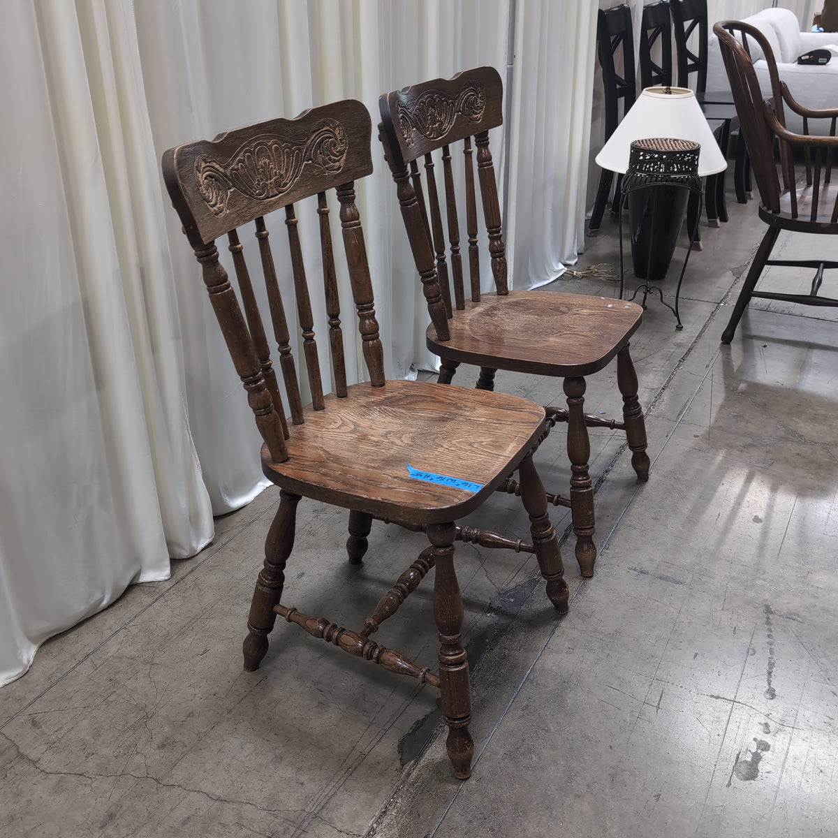 Pair of Brown Carved Spindle Back Dining Chair Pair