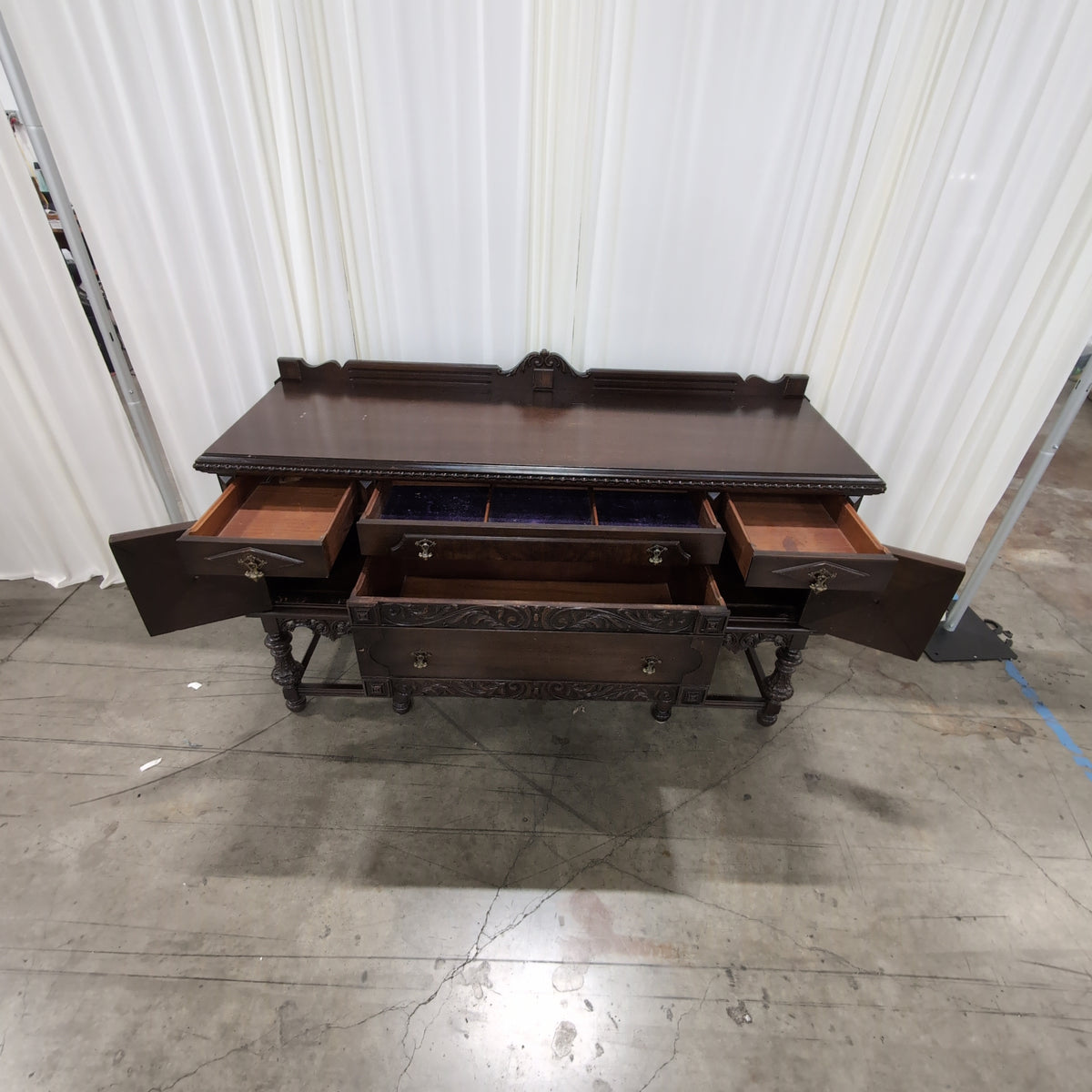 Dark Wood Ornate Carved Buffet with Turned Legs