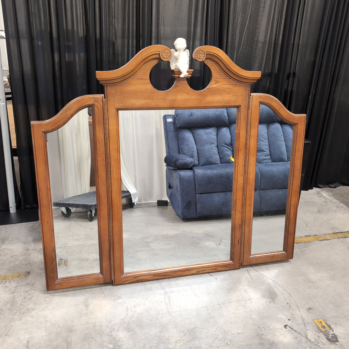 Traditional Carved Wood Tri-Fold Mirror with Cherub Detail