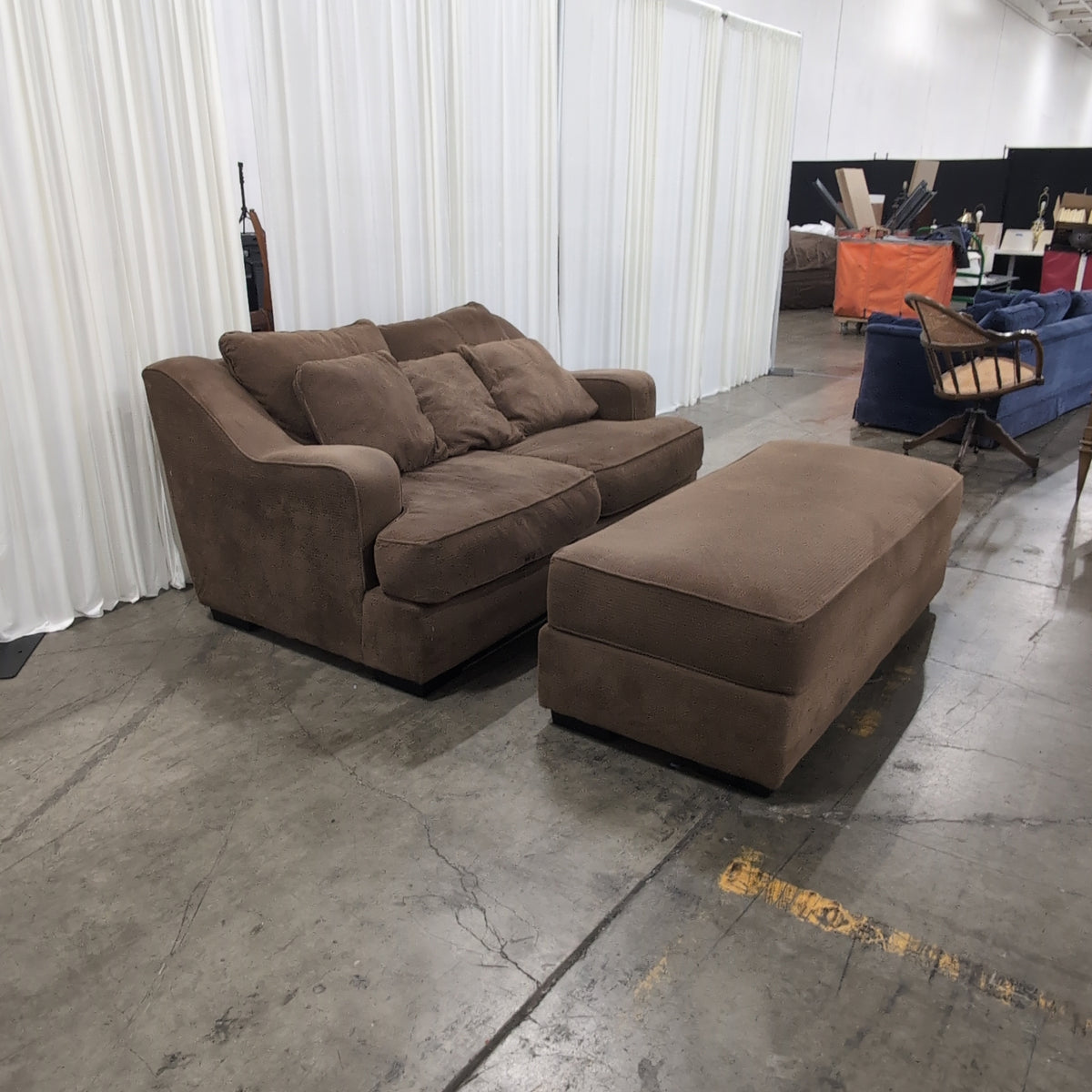 Brown Textured Fabric Couch with Matching Ottoman