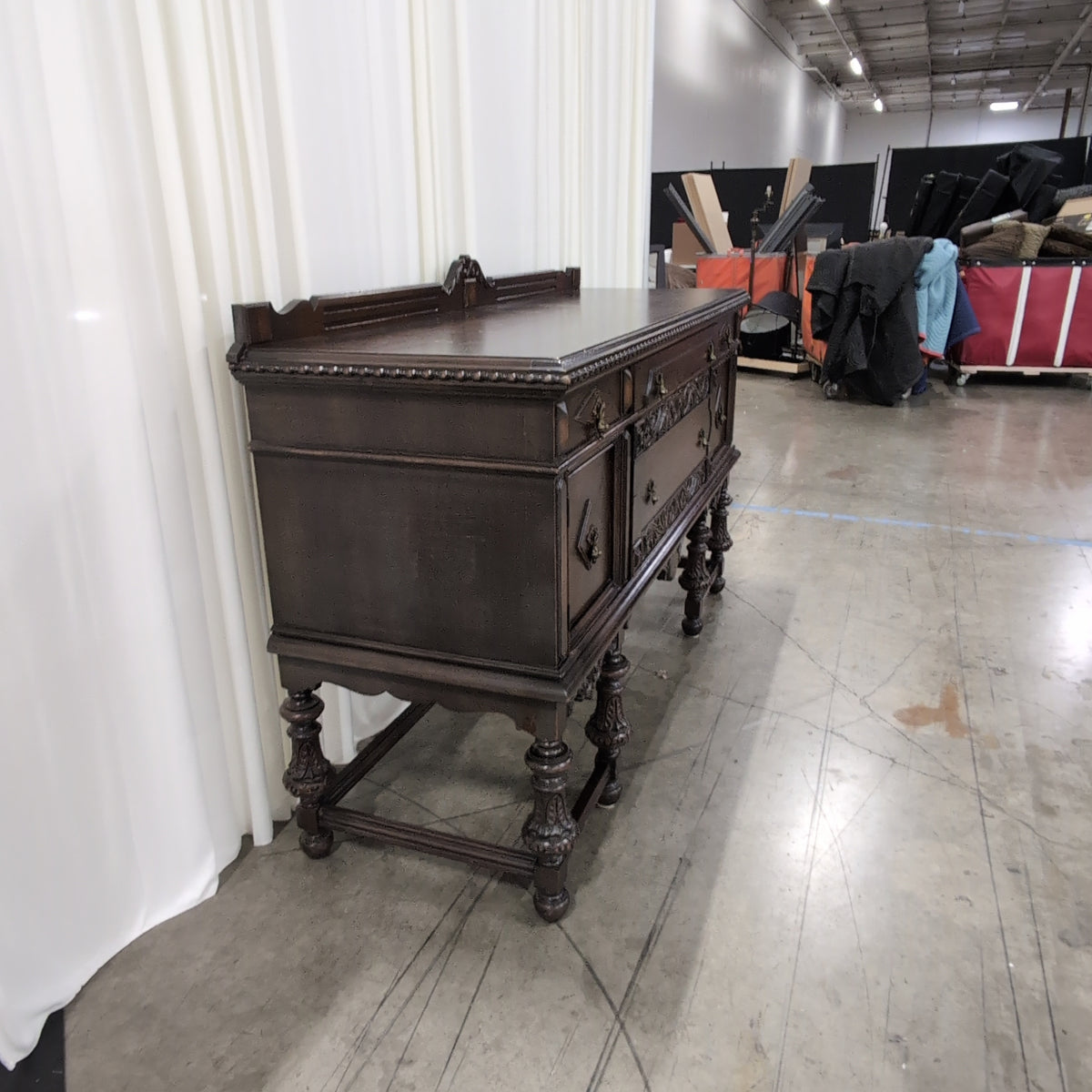 Dark Wood Ornate Carved Buffet with Turned Legs