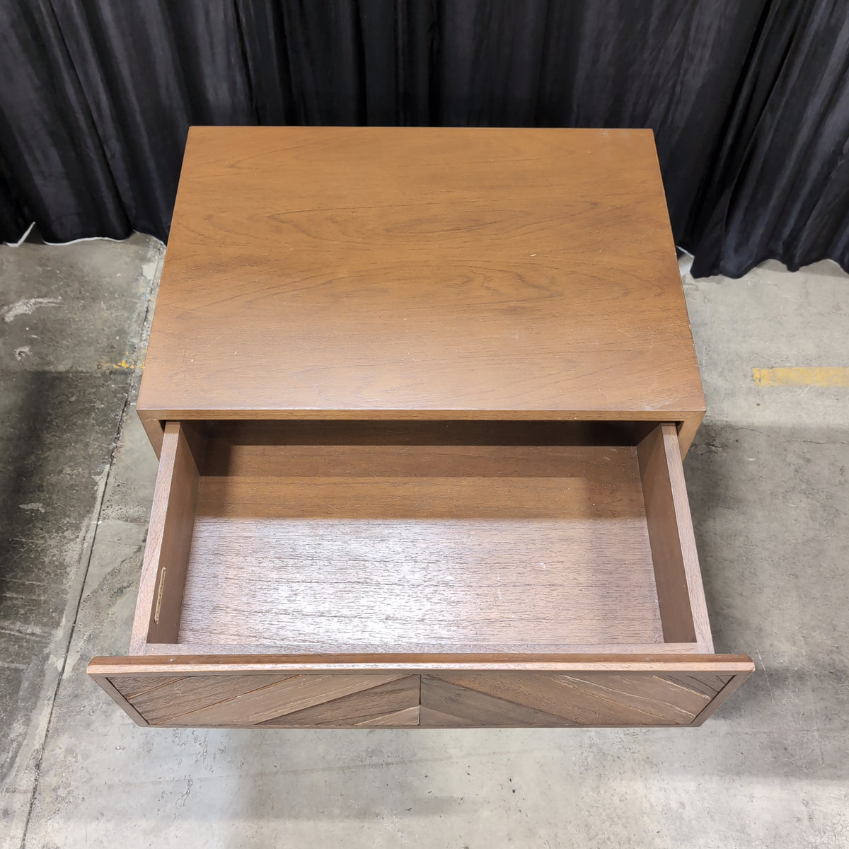 Crate & Barrel Warm Brown Wood Nightstand with Geometric Drawer