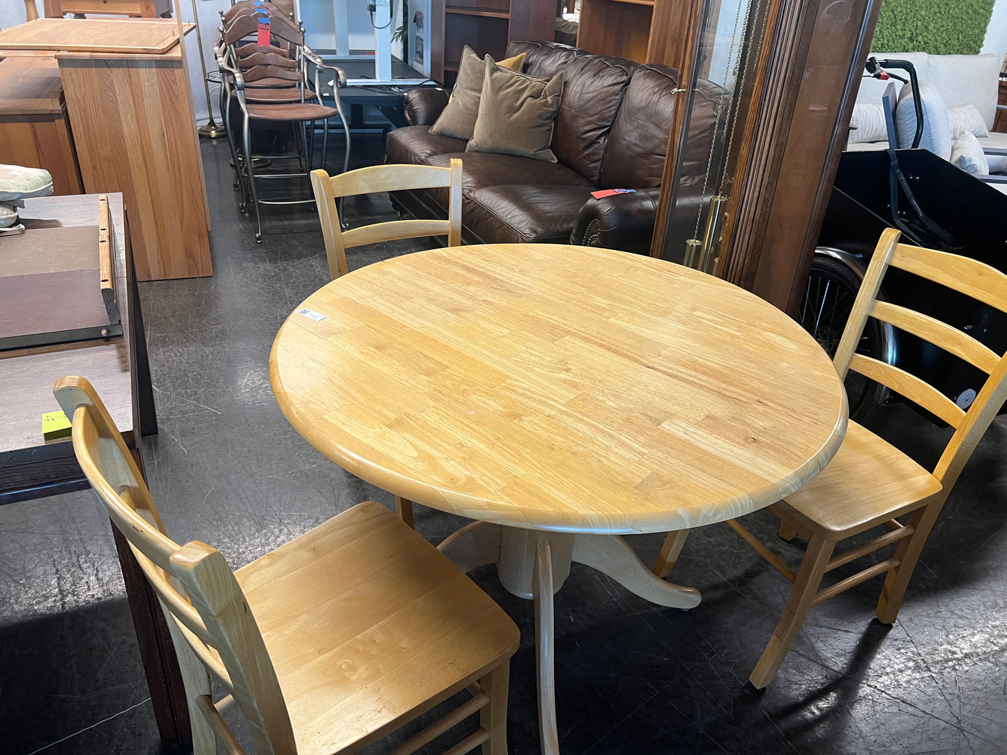 Small Round Oak Dining Table and Three Chairs