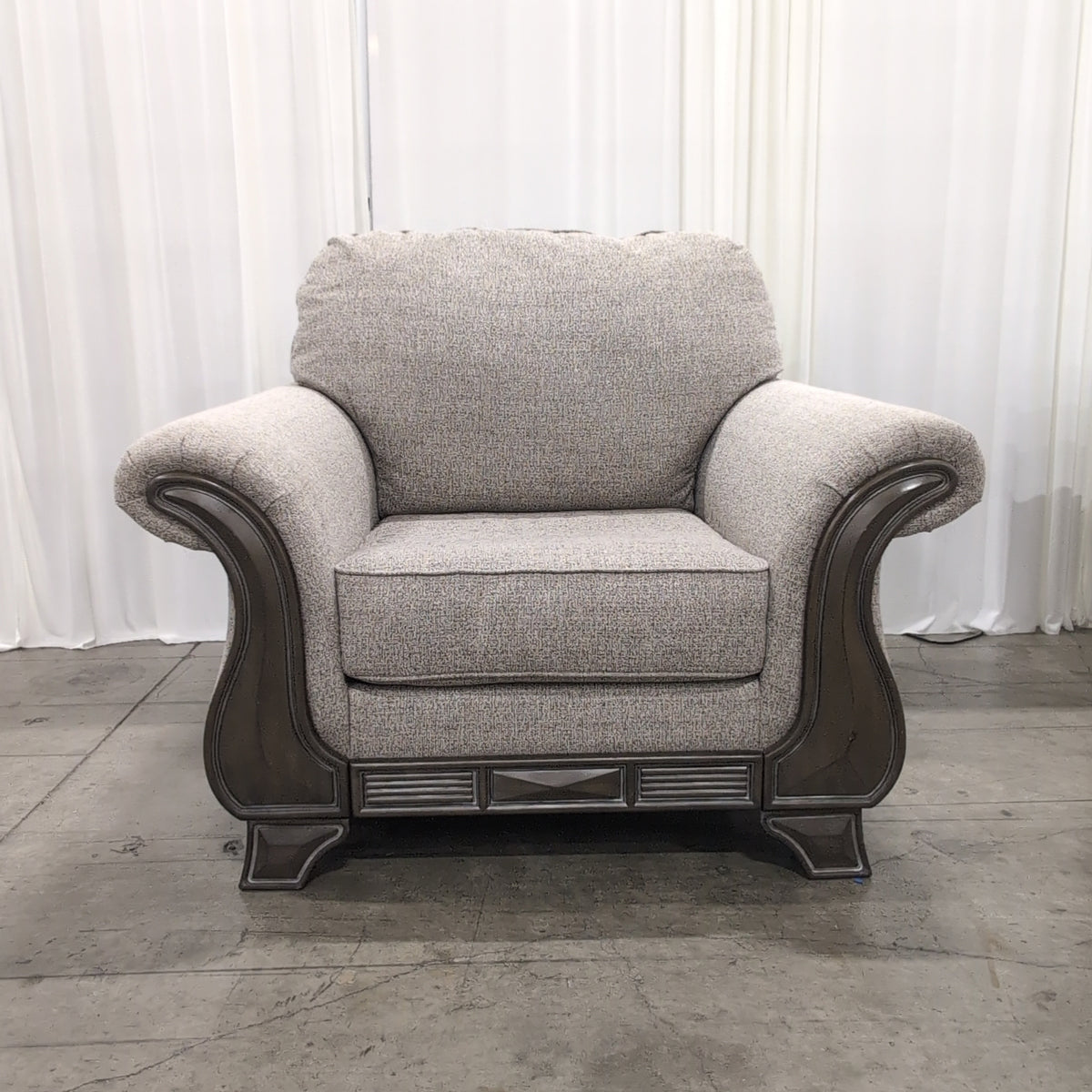 Traditional Tan Fabric Armchair with Wood Trim