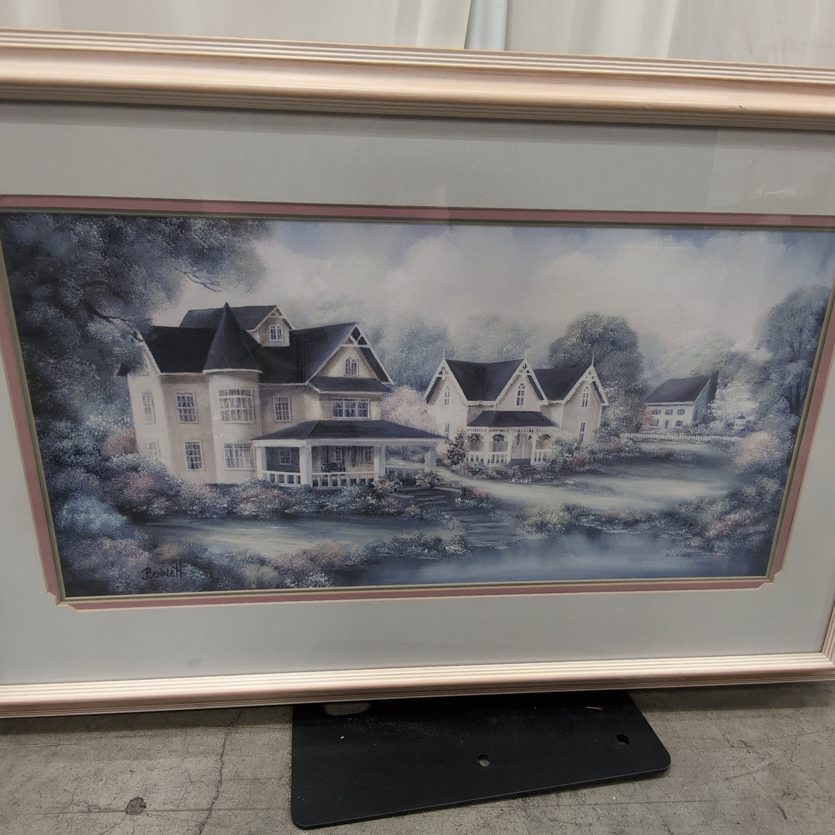 Benne Signed Cottage Landscape Framed Art in Light Wood