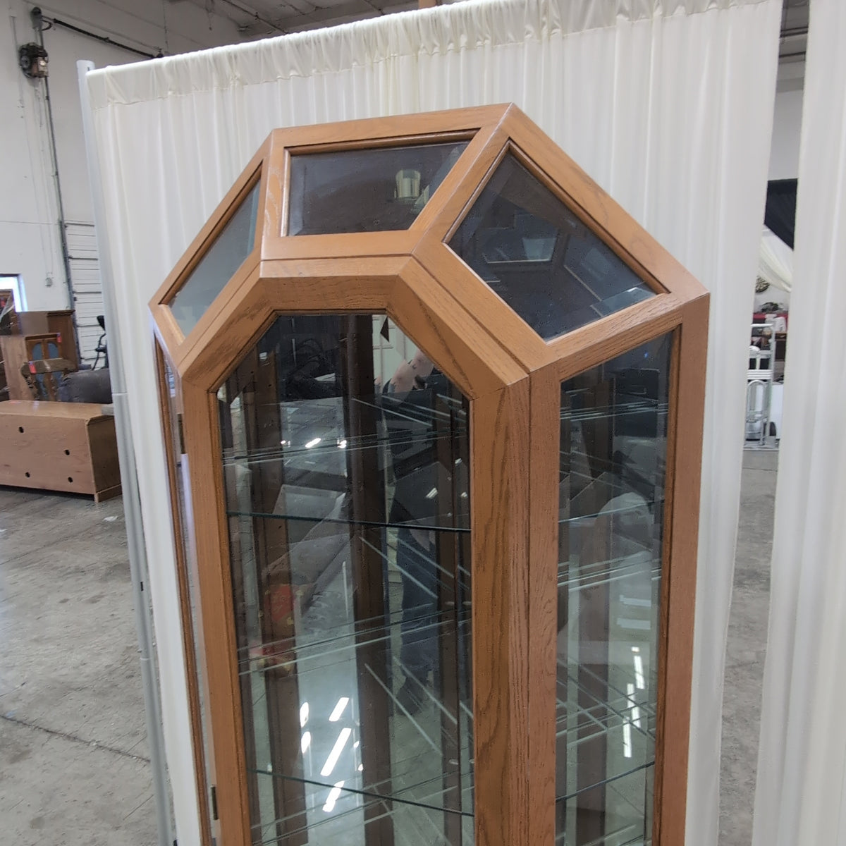 Light Wood Octagonal China Cabinet with Glass Shelves
