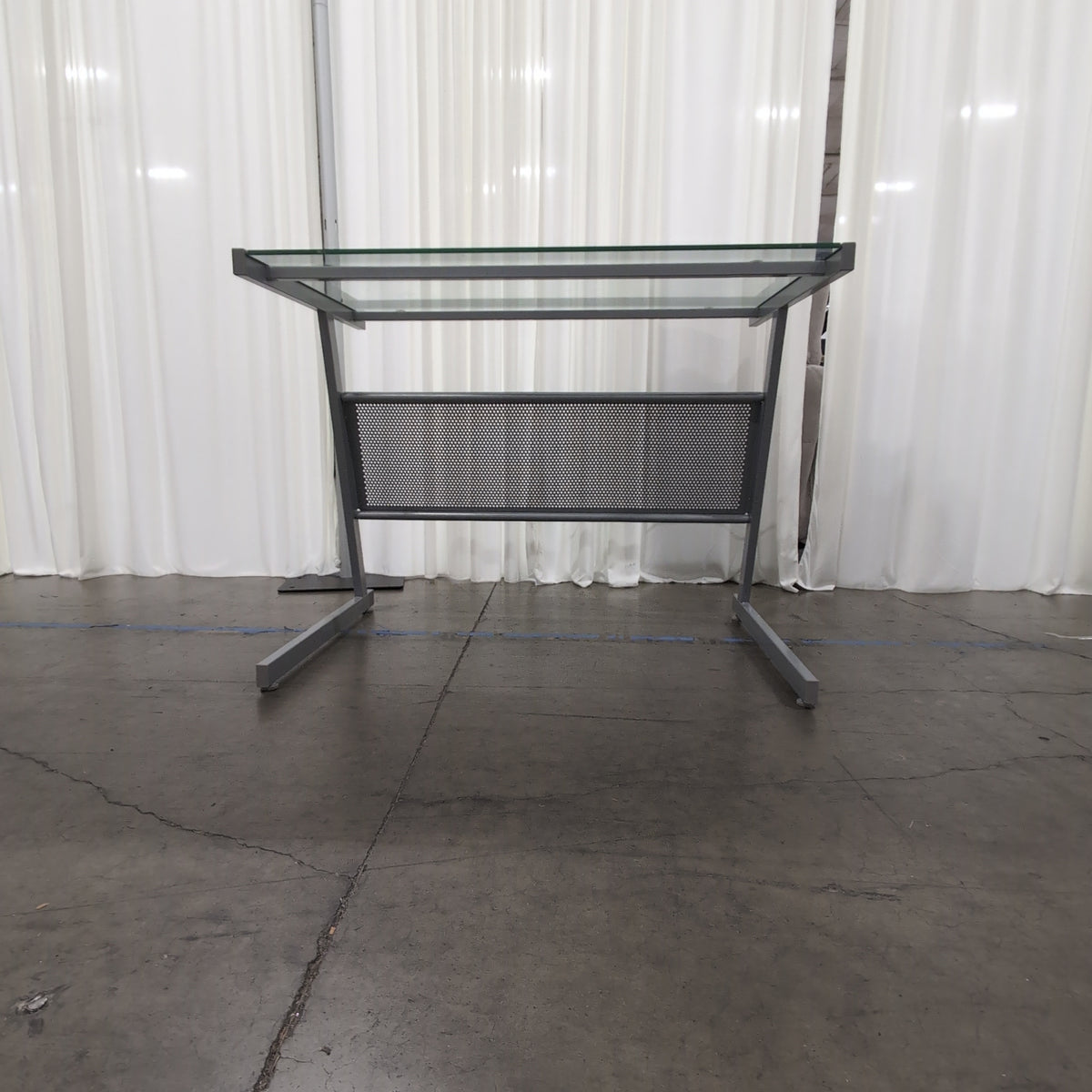 Modern Silver Metal and Glass Desk with Perforated Shelf