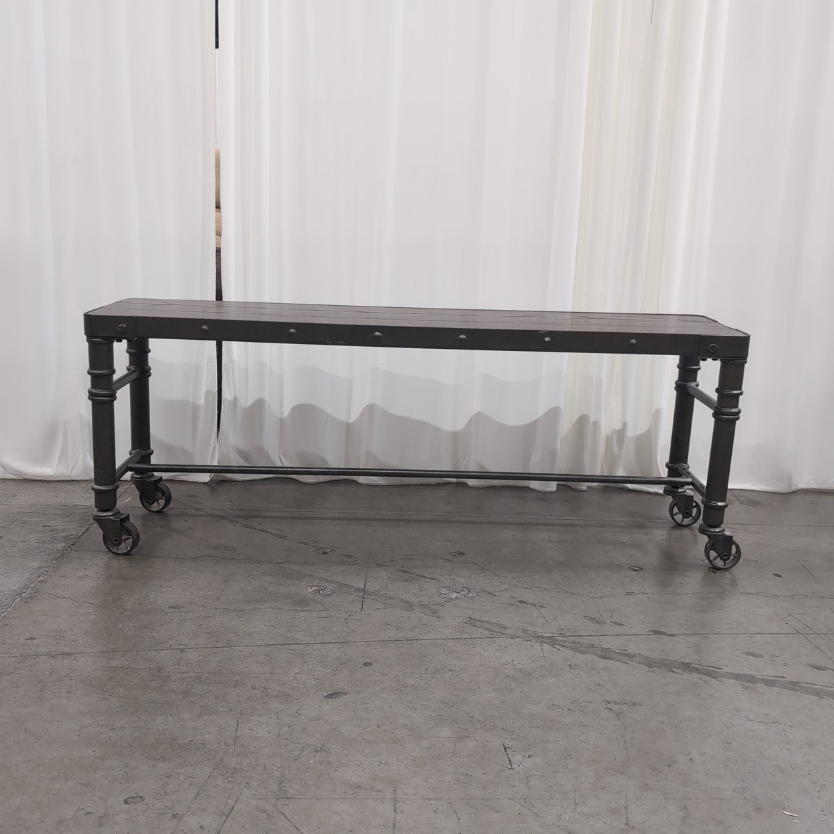 Industrial Dark Wood Console Table with Matching Bench