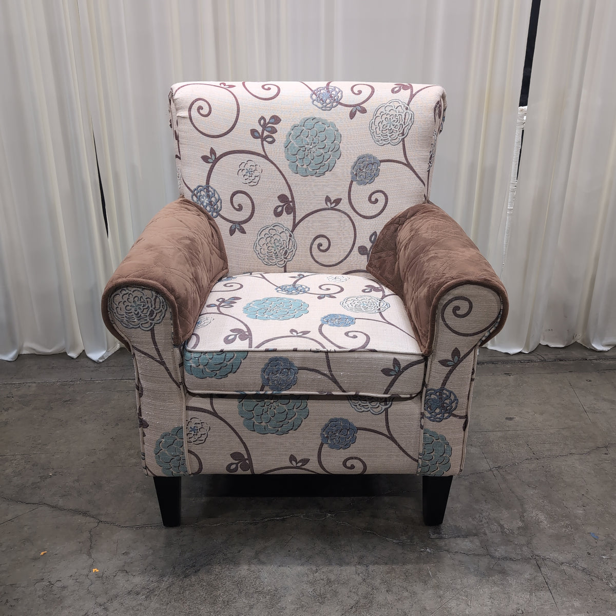 Cream and Blue Floral Pattern Armchair with Arm Covers