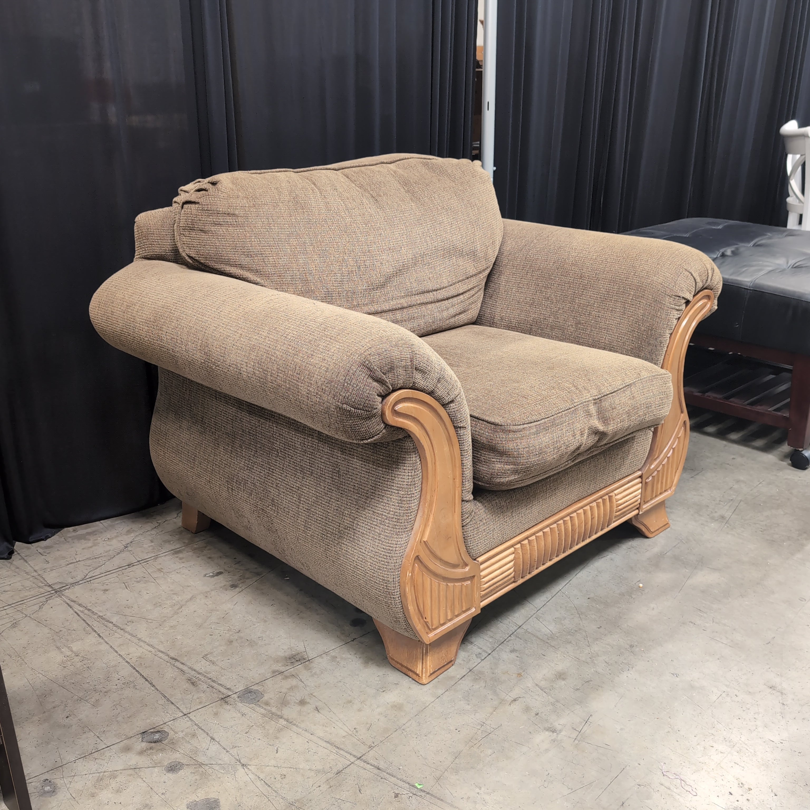 Brown Textured Fabric Armchair with Wood Accents