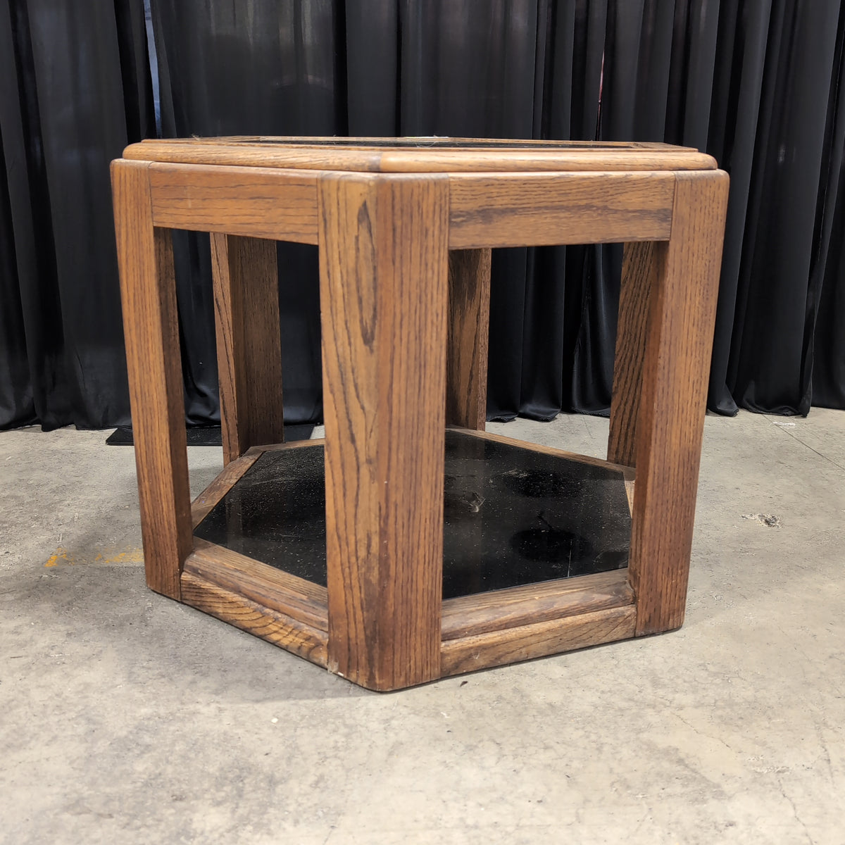 Brown Hexagonal Wood End Table with Dark Top