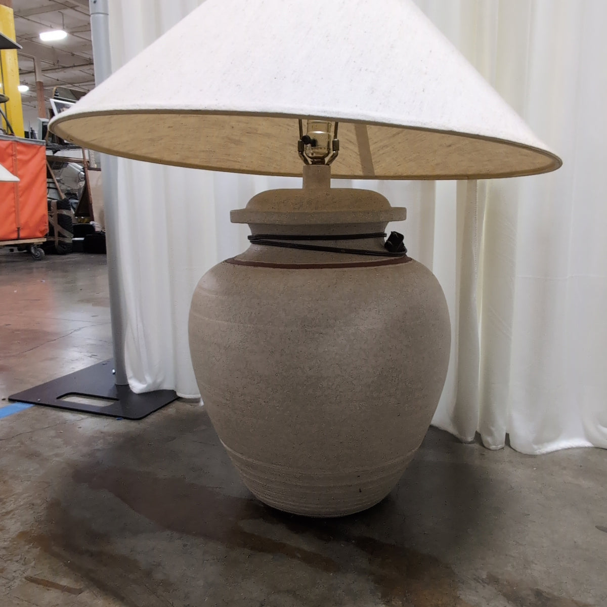 Large Beige Pottery Table Lamp with Fabric Shade
