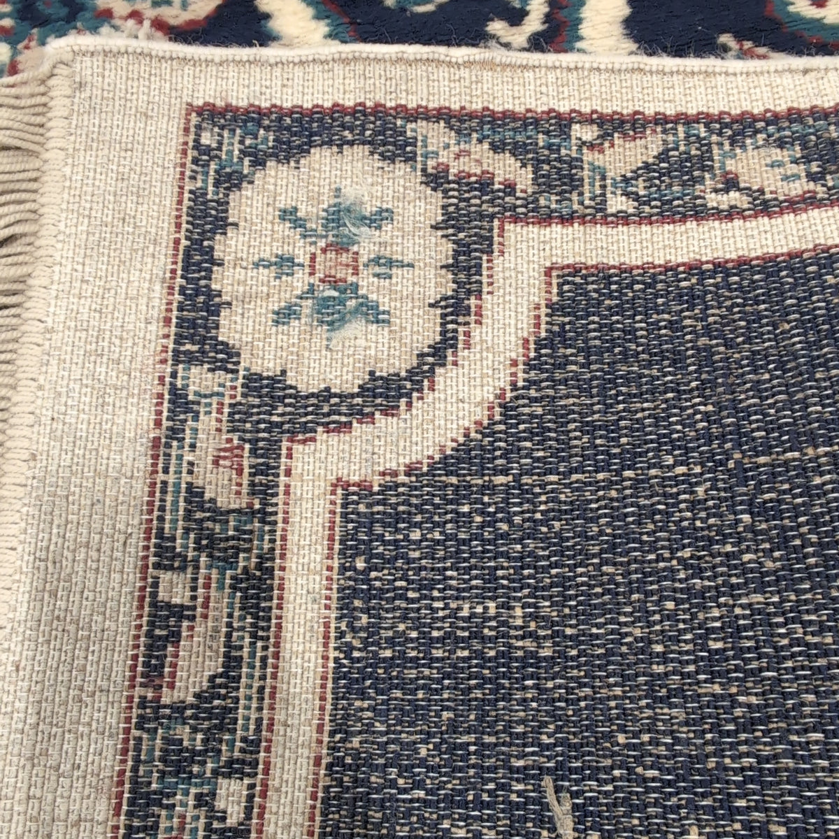 Traditional Navy Blue Floral Area Rug with Fringed Ends