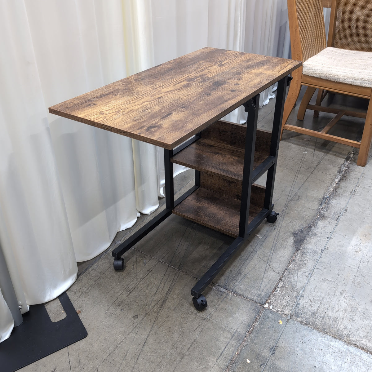 Two-Tier Dark Wood and Metal End Table with Wheels