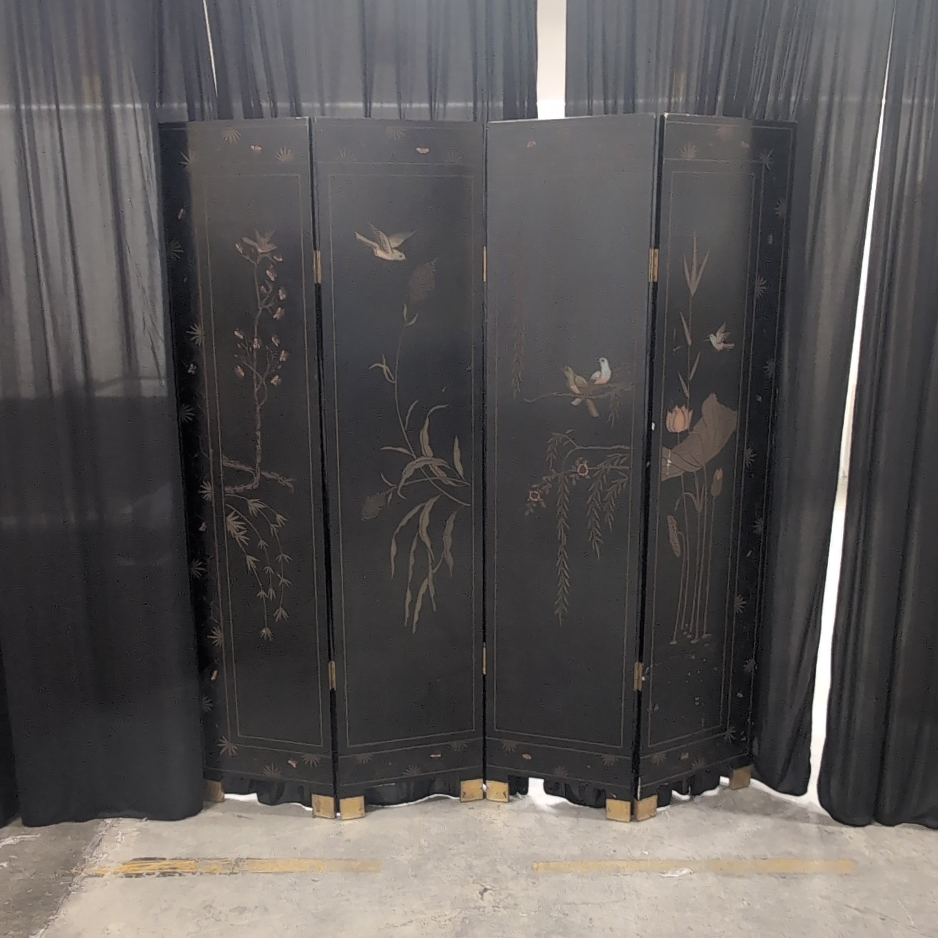 Asian Style Folding Room Divider with Brass Hinges