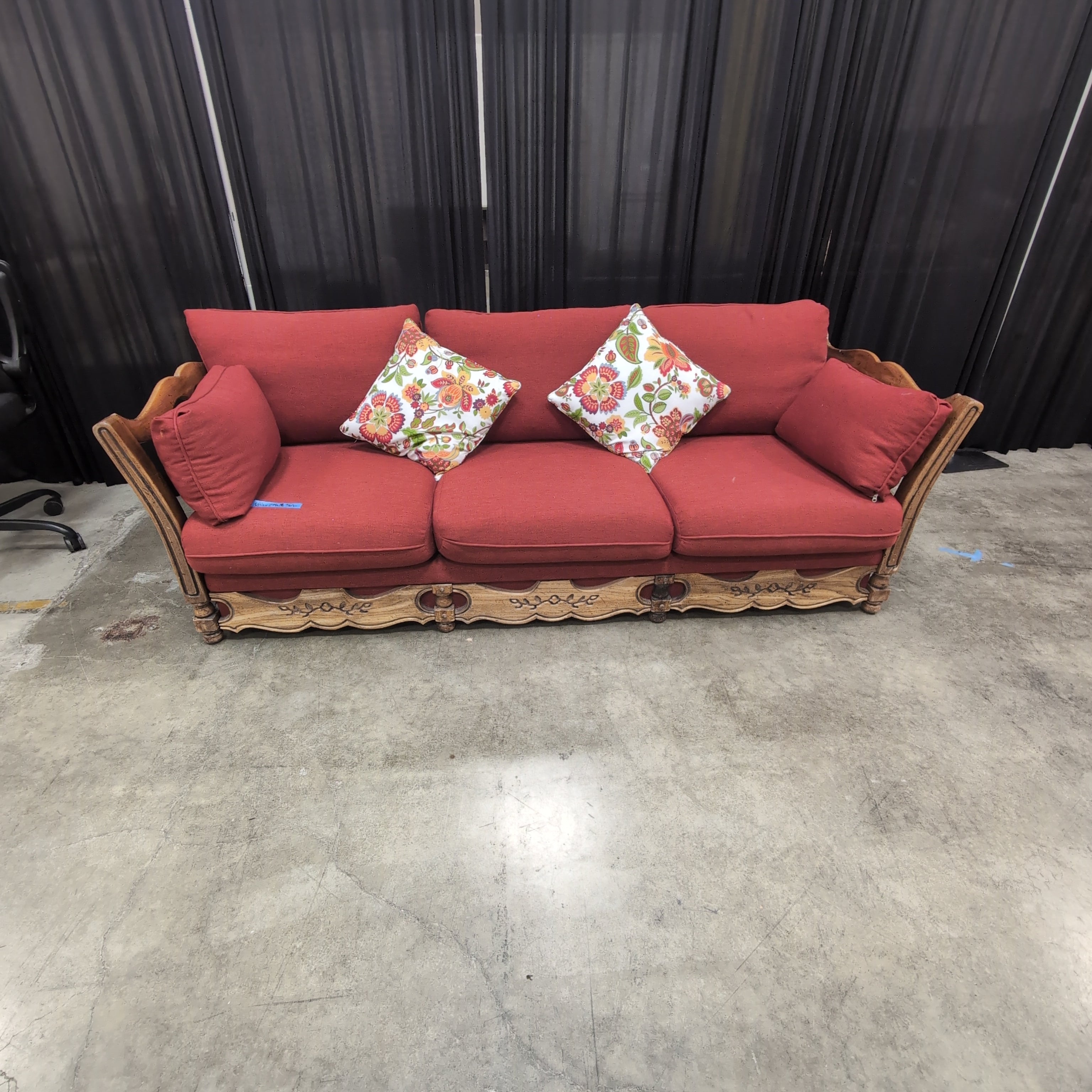 French Provincial Style Red Couch with Carved Wood