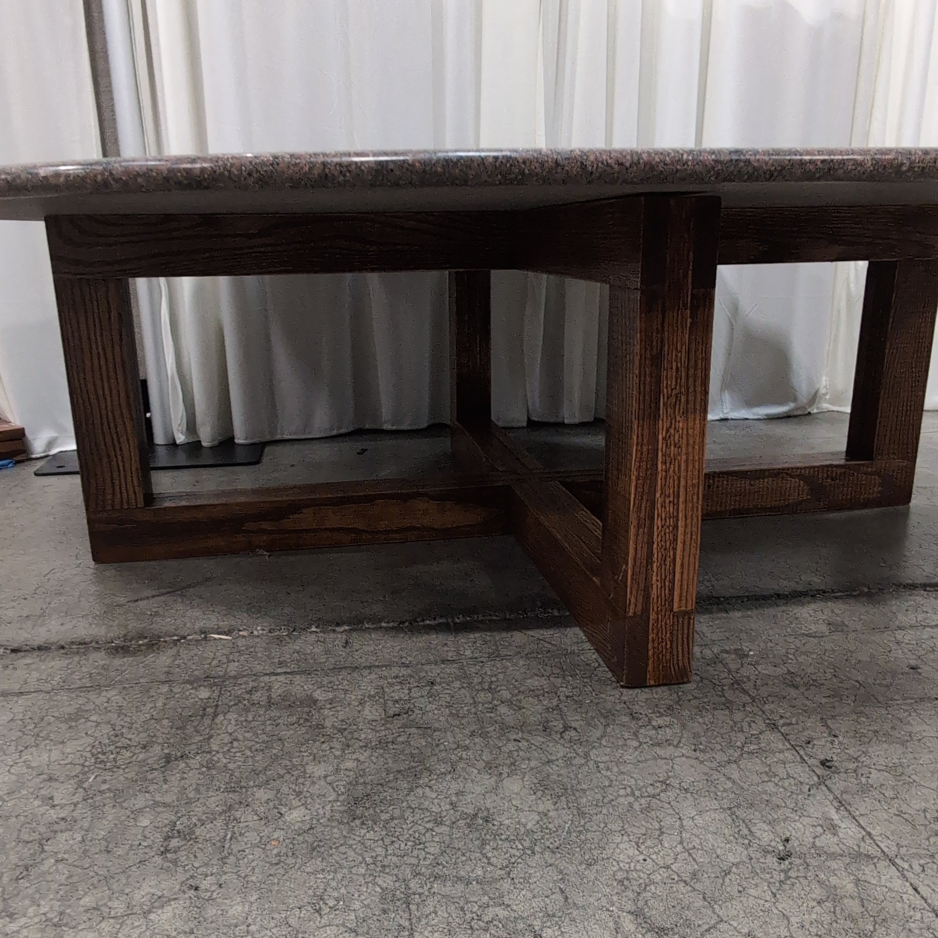 Round Light Granite Dining Table with Scrolled Iron Base