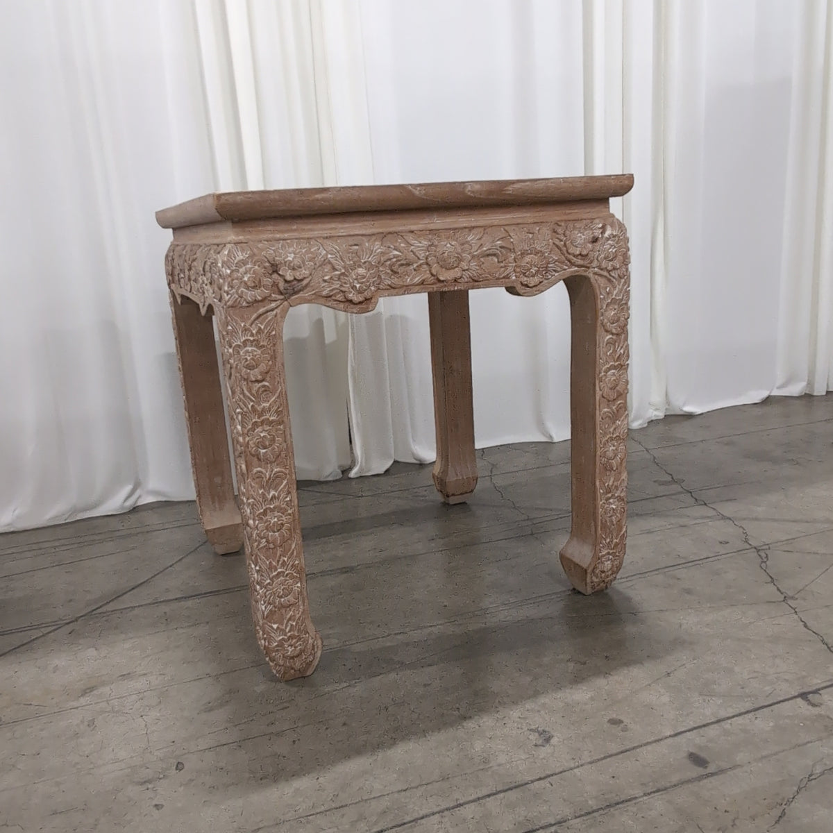 Ornate Carved Light Wood Square End Table