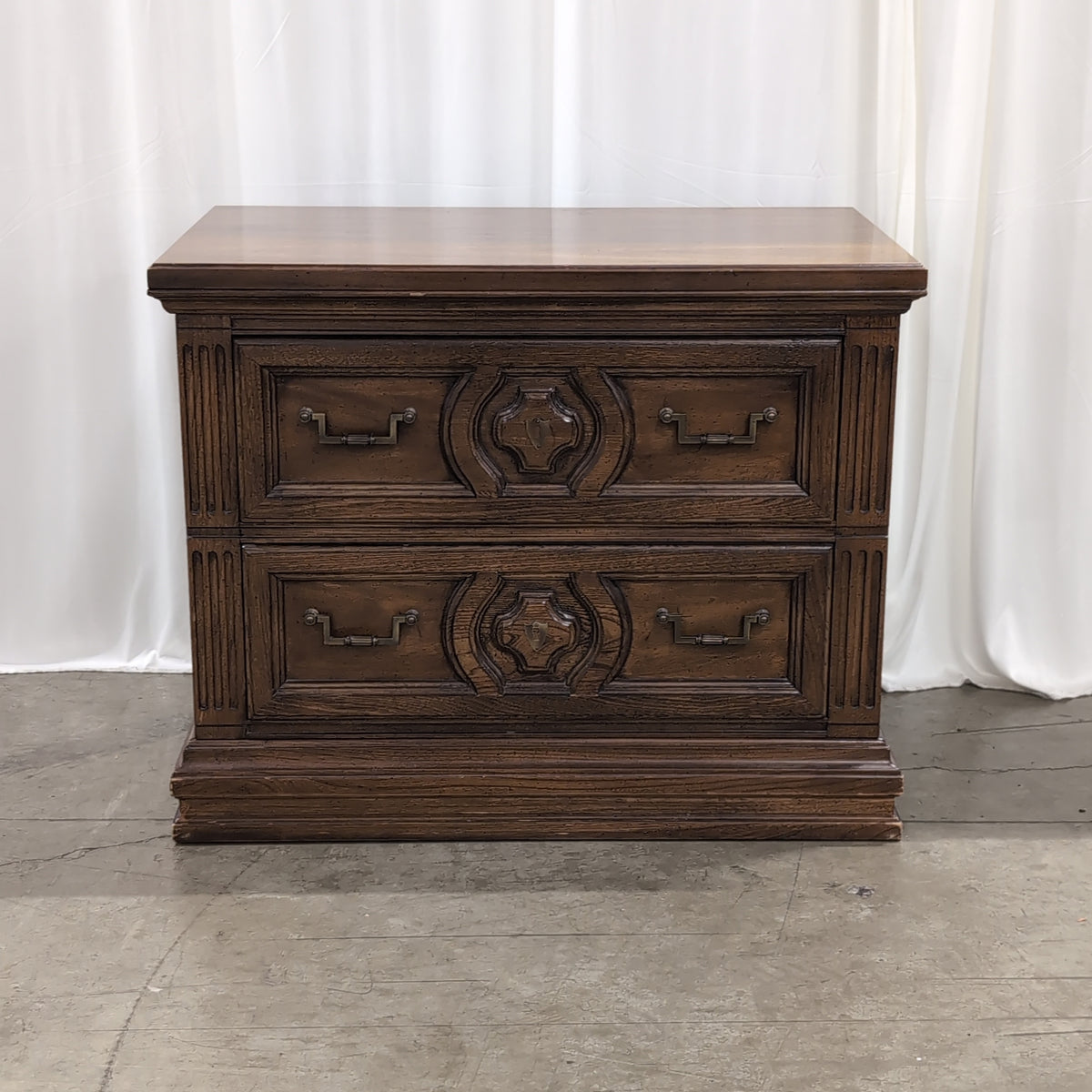 Ornate Dark Wood Two-Drawer Nightstand