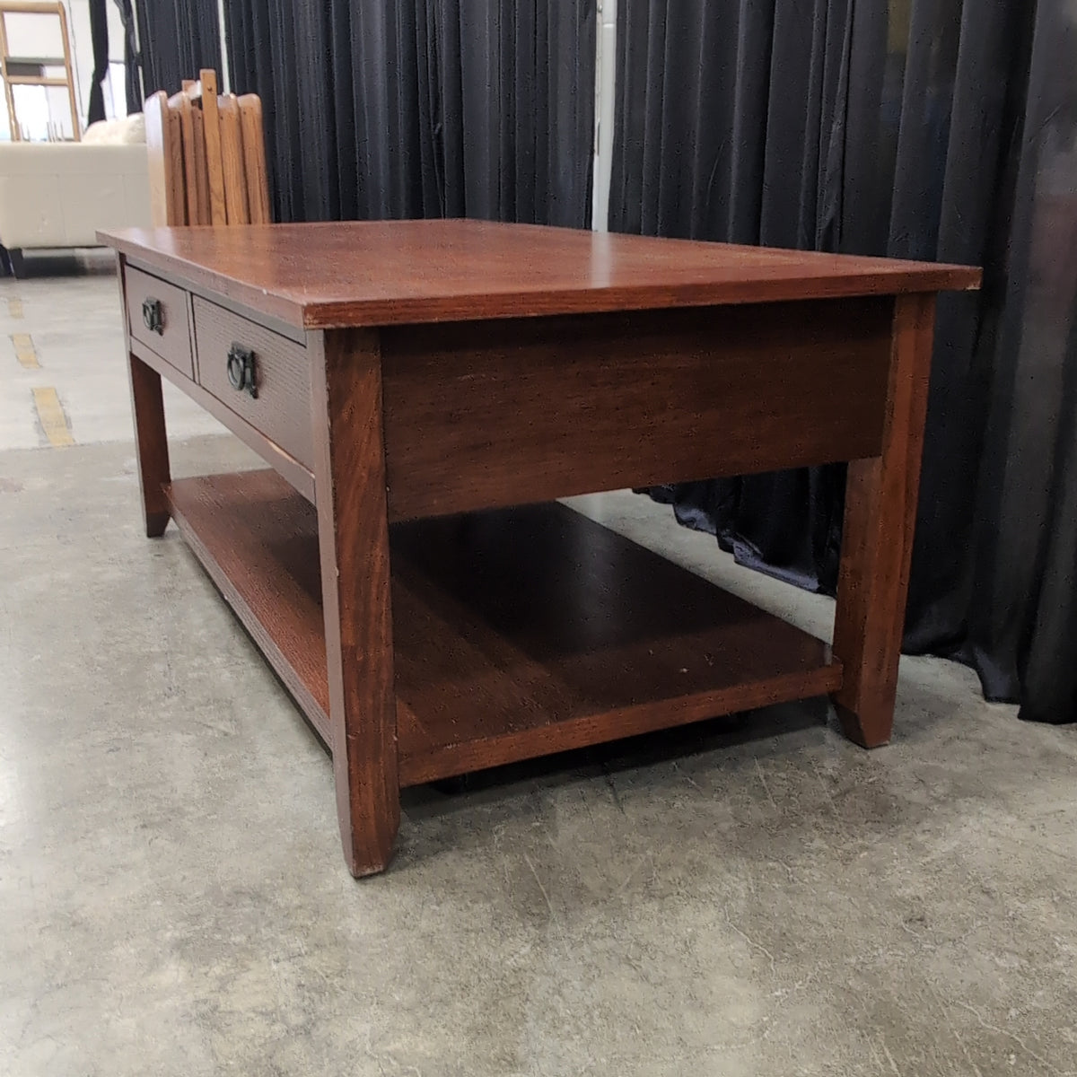Cherry Tone Wood Coffee Table with Storage Shelf