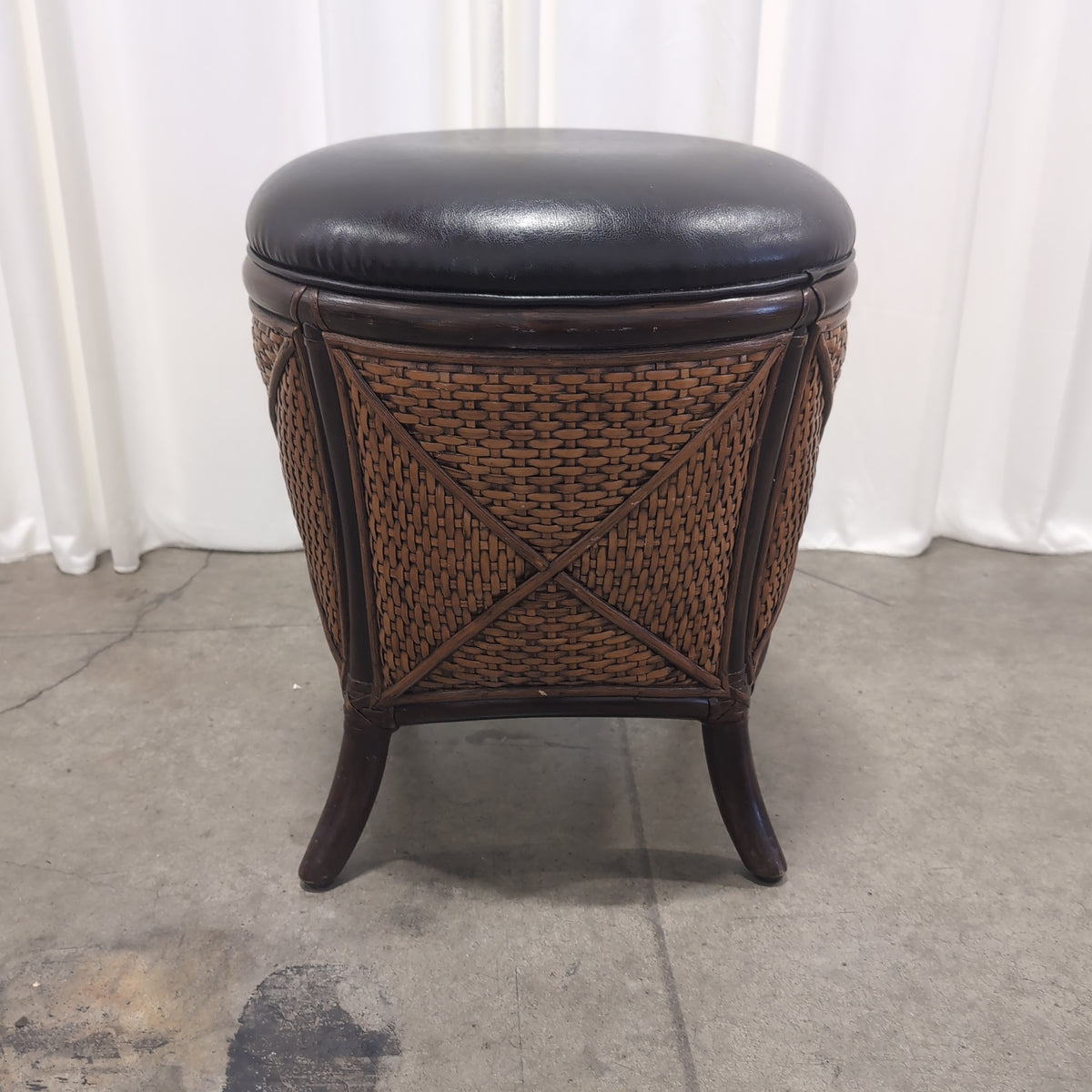 Round Woven Rattan Ottoman with Dark Upholstery