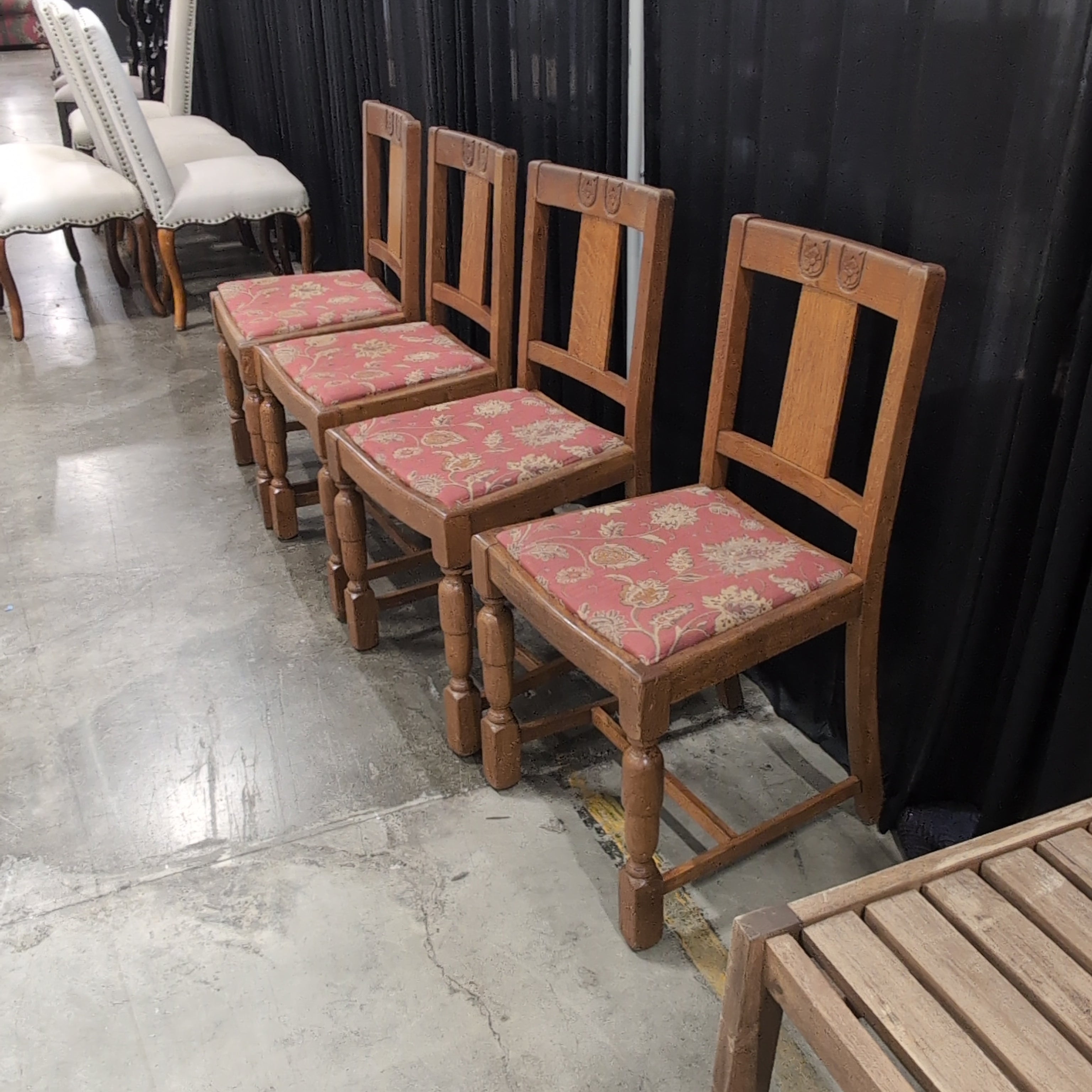 Set of Four Carved Wood Dining Chairs with Floral Upholstery
