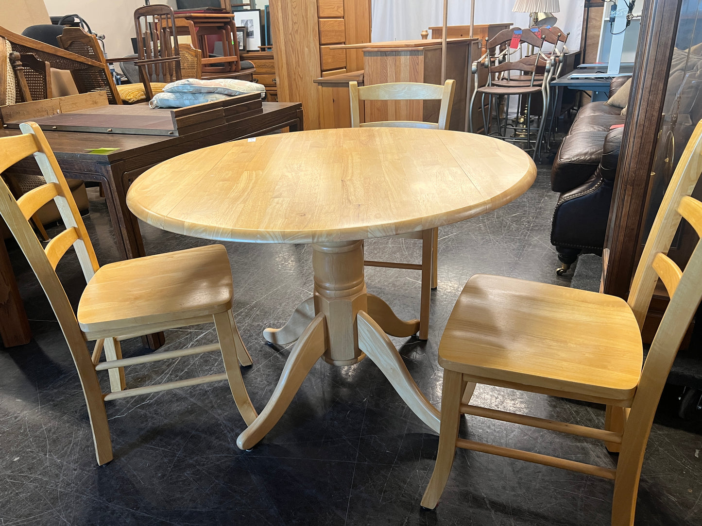 Small Round Oak Dining Table and Three Chairs