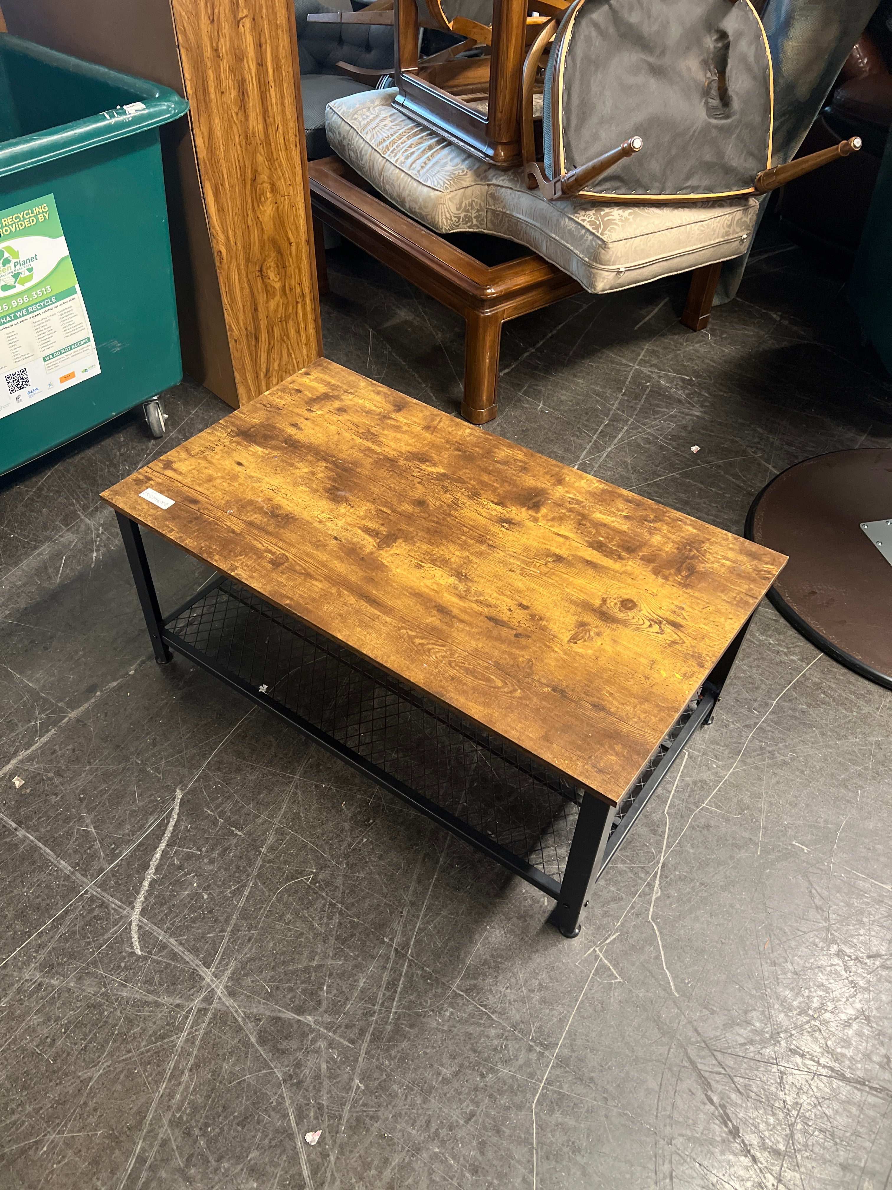 Rustic Wood & Metal Coffee Table with Mesh Shelf