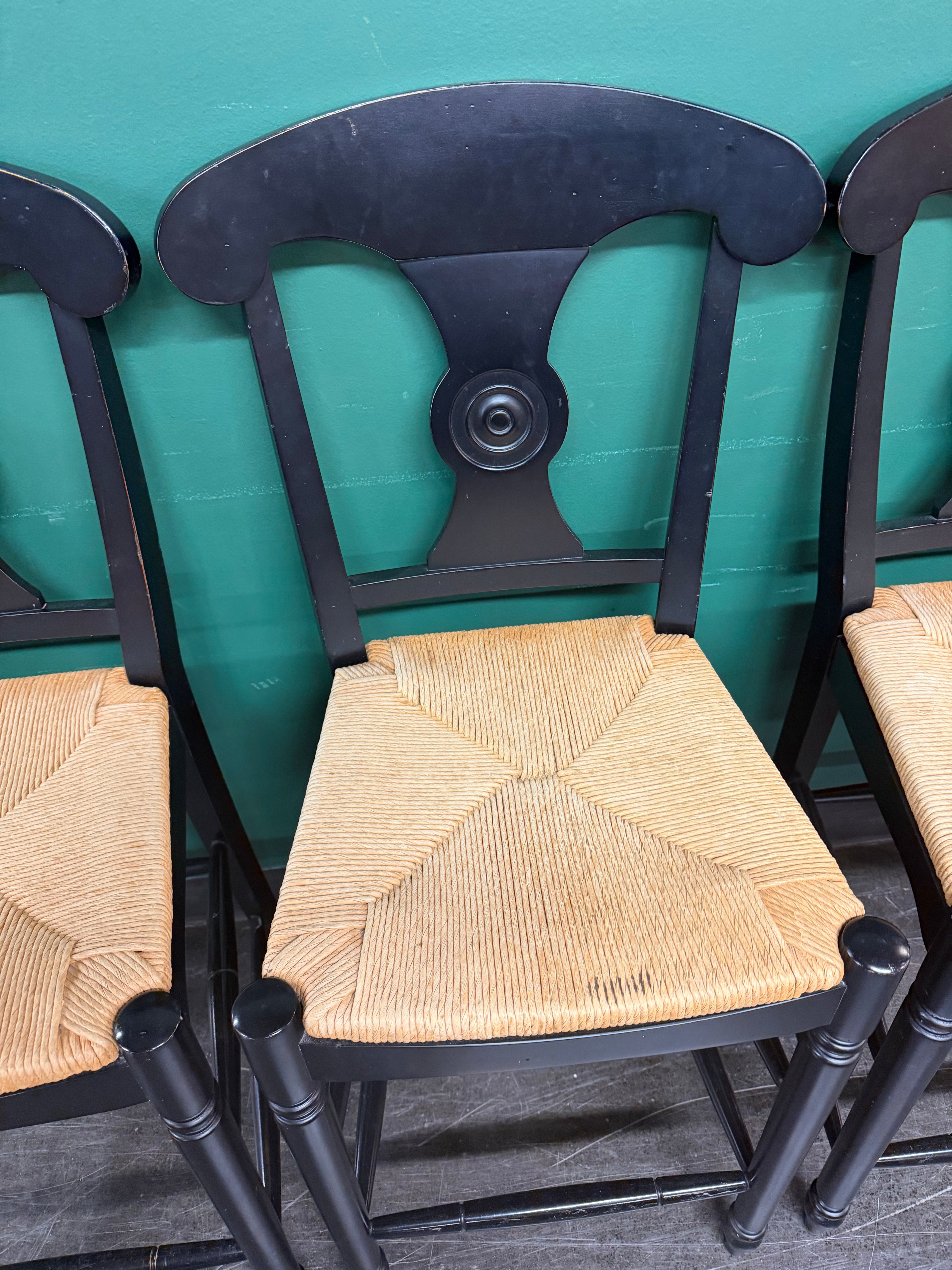Ethan Allen Vintage French Country Rush Seat Bar Stools in Black, Set of Four