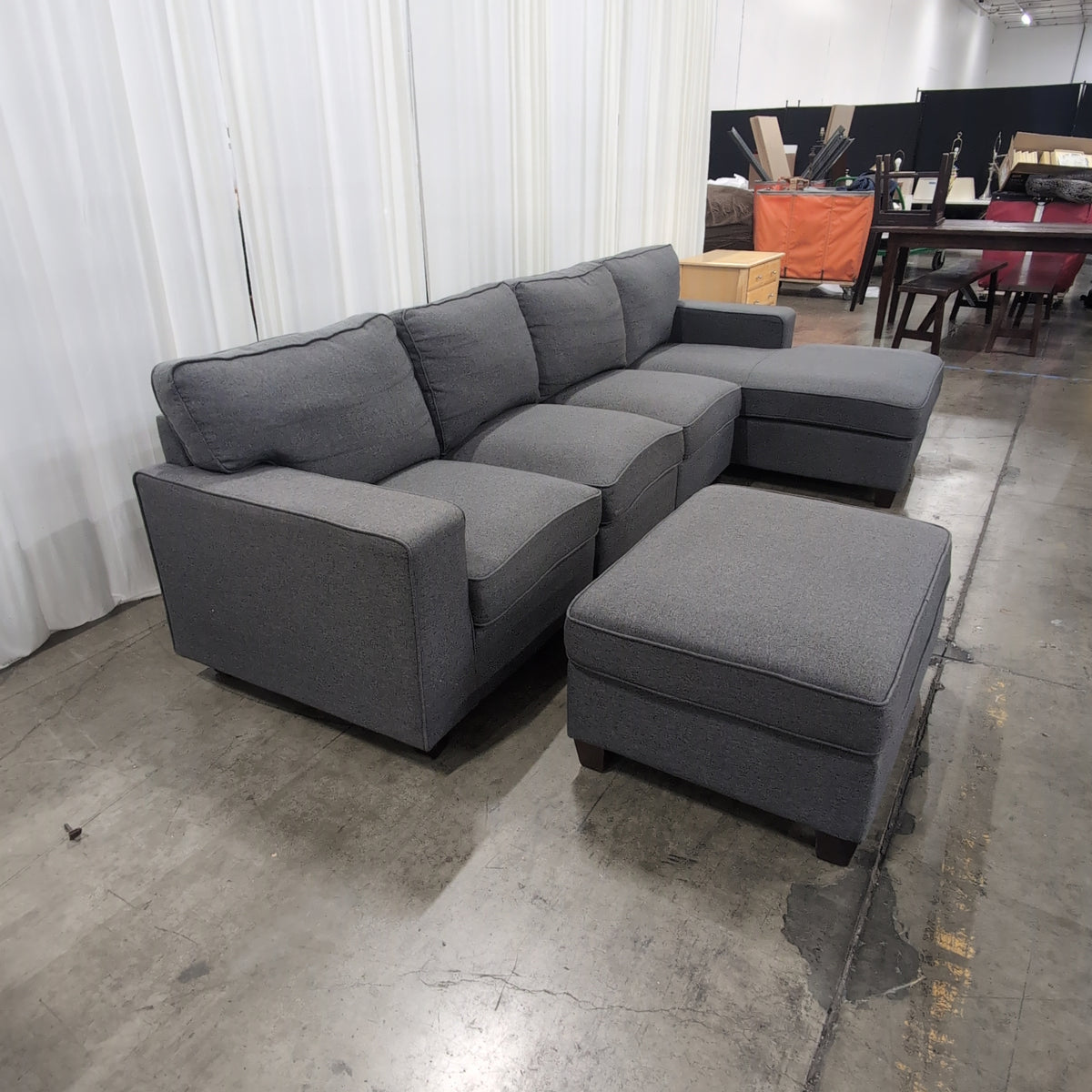 Dark Grey Fabric L-Shaped Sectional Couch with Ottoman