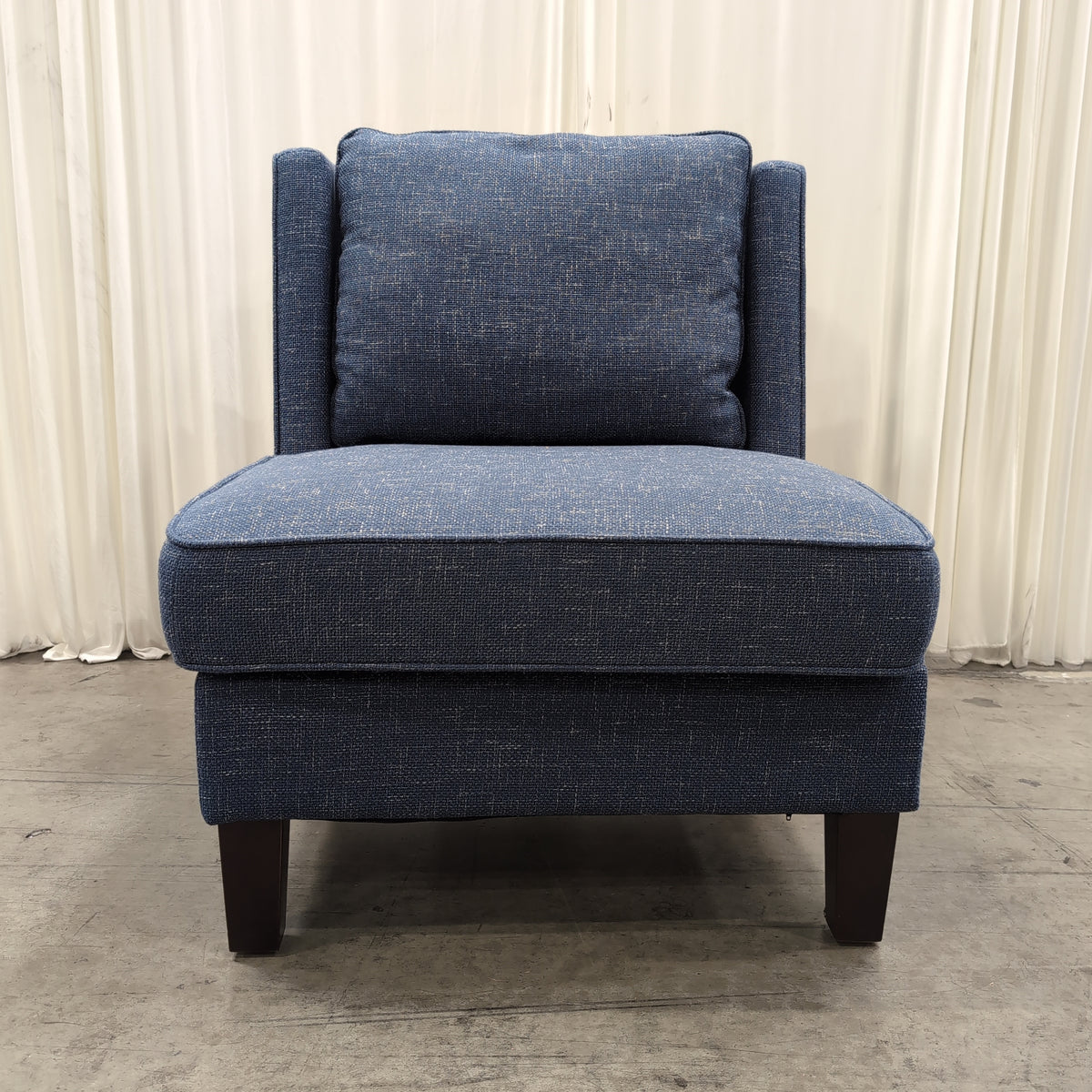 Textured Blue Fabric Armchair with Dark Wood Legs