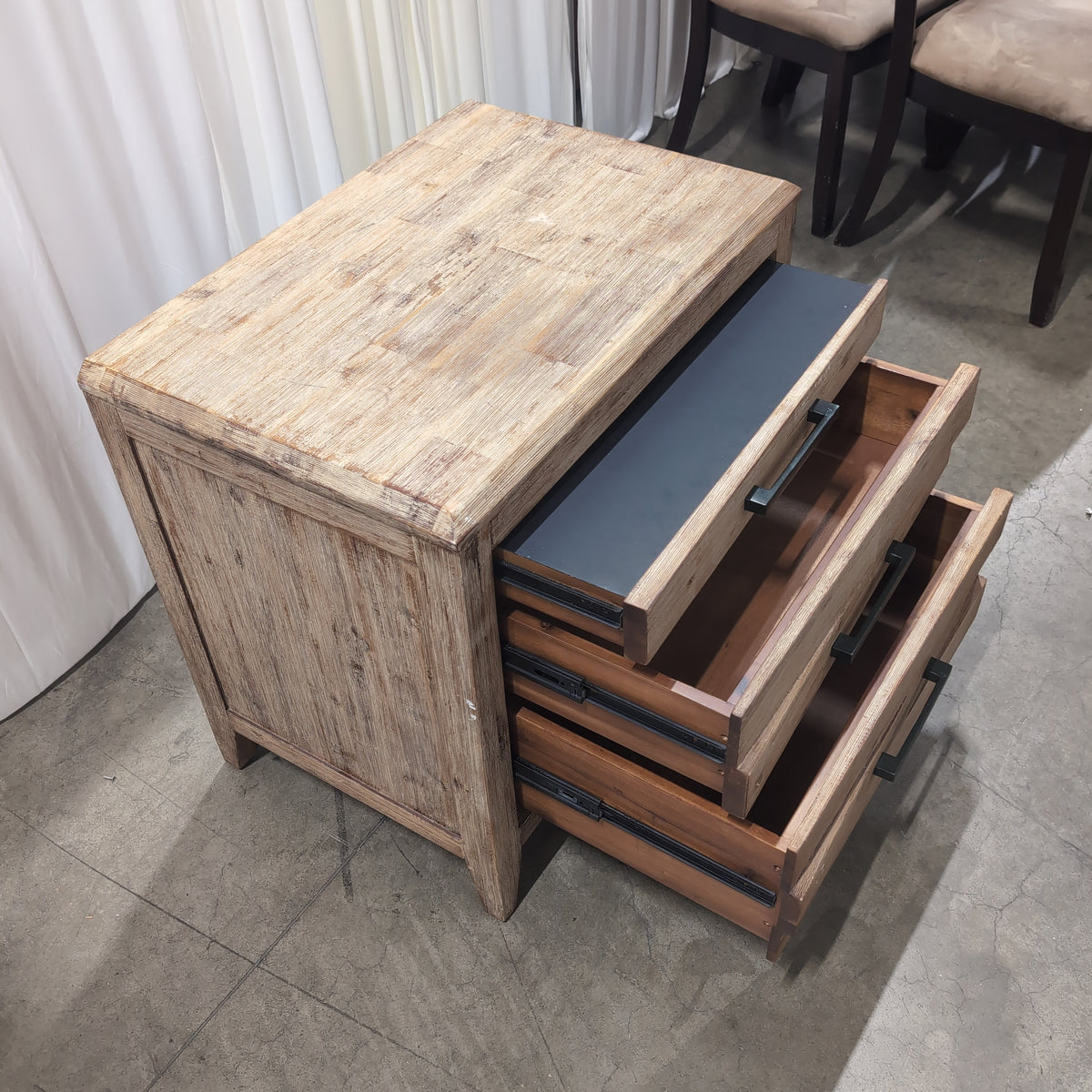 Distressed Light Wood Three-Drawer Nightstand