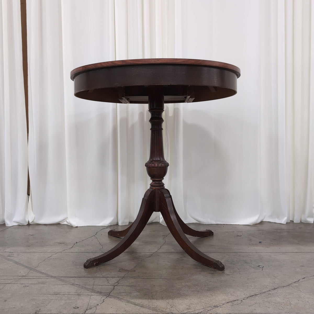 Two-Tone Wood Round End Table with Carved Details