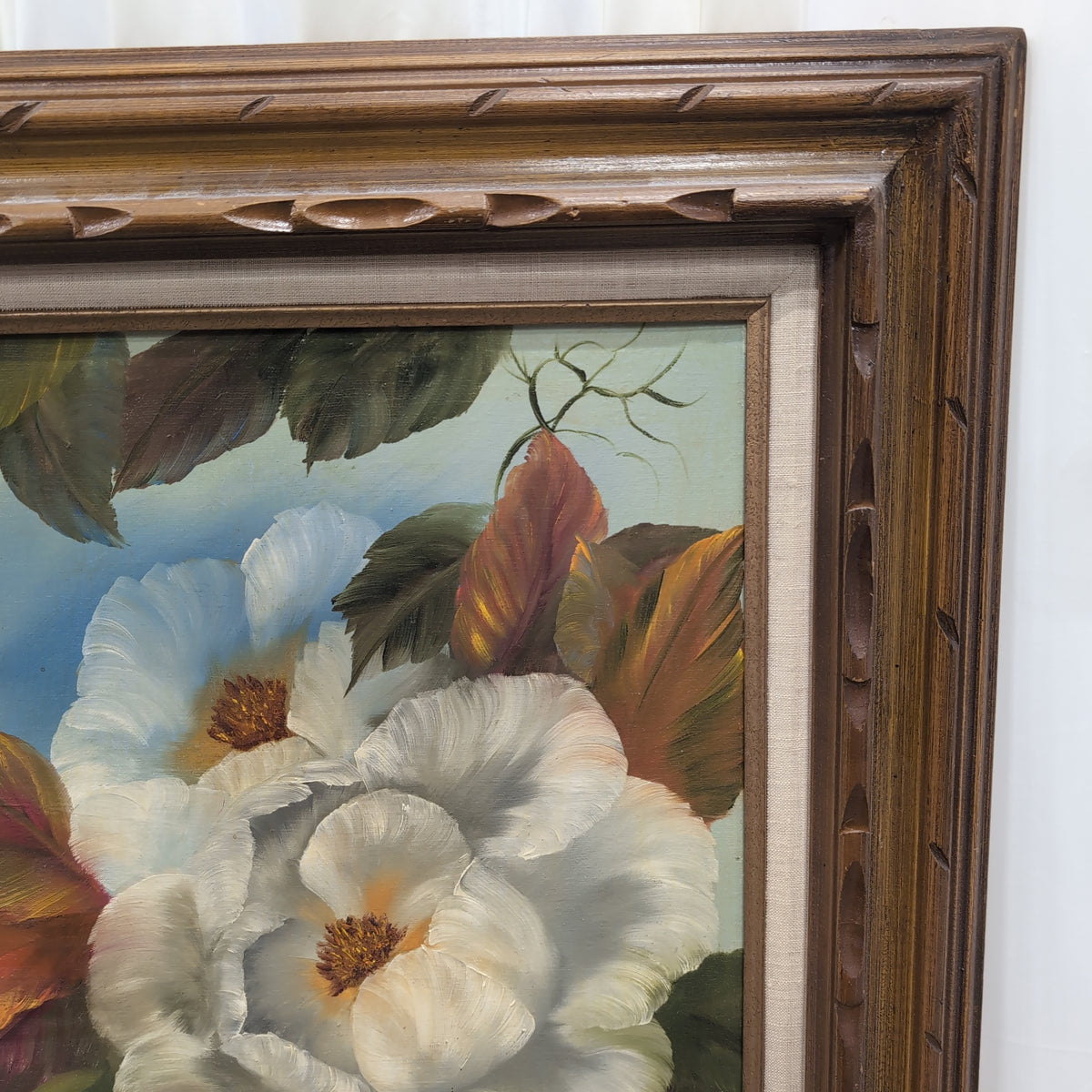 Roselynn White Floral Painting in Carved Wood Frame