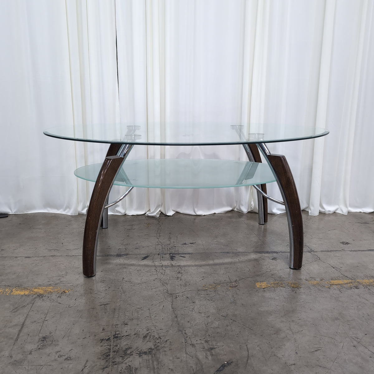 Contemporary Oval Glass Coffee Table with Wood Legs