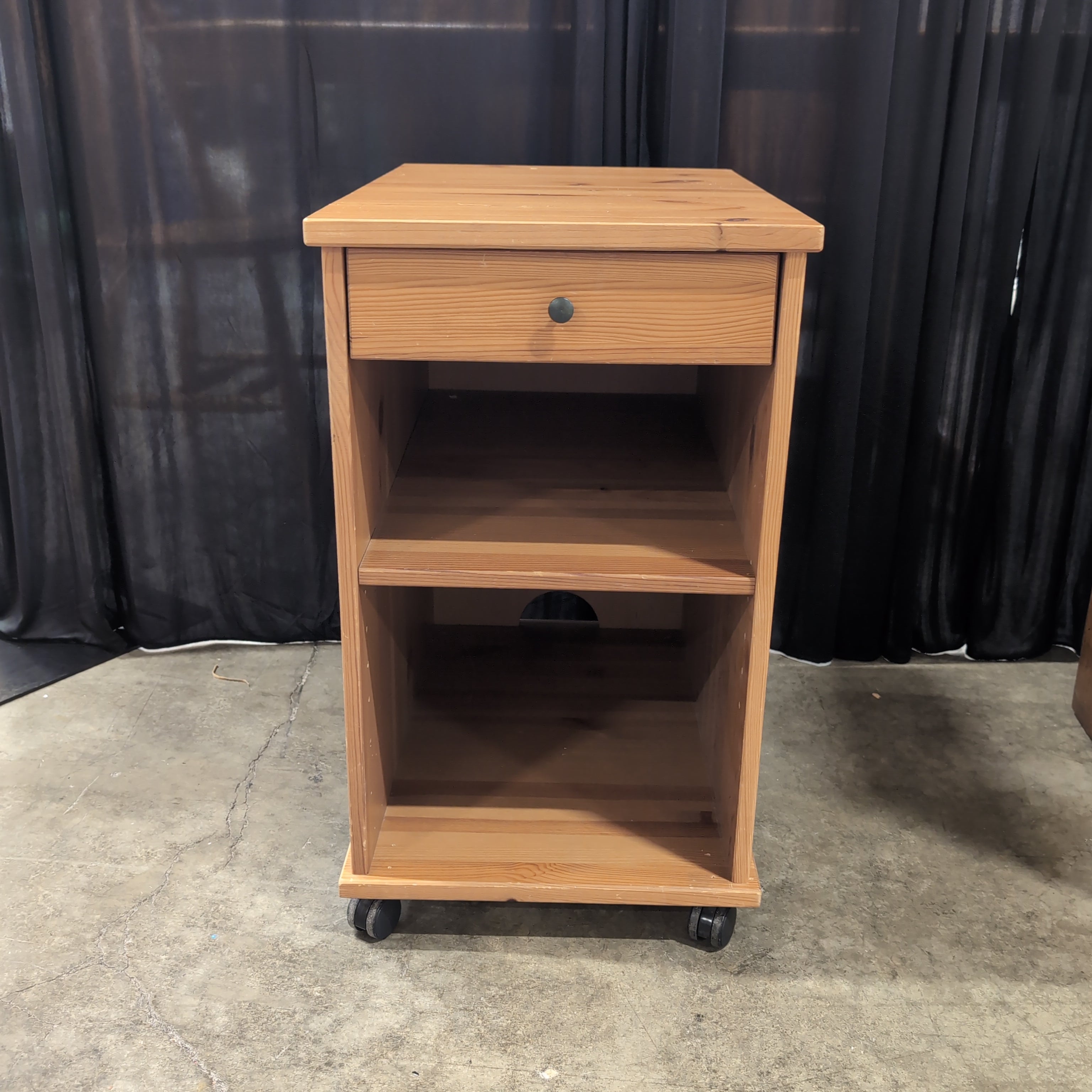 Pine Wood Nightstand with Open Shelves and Casters