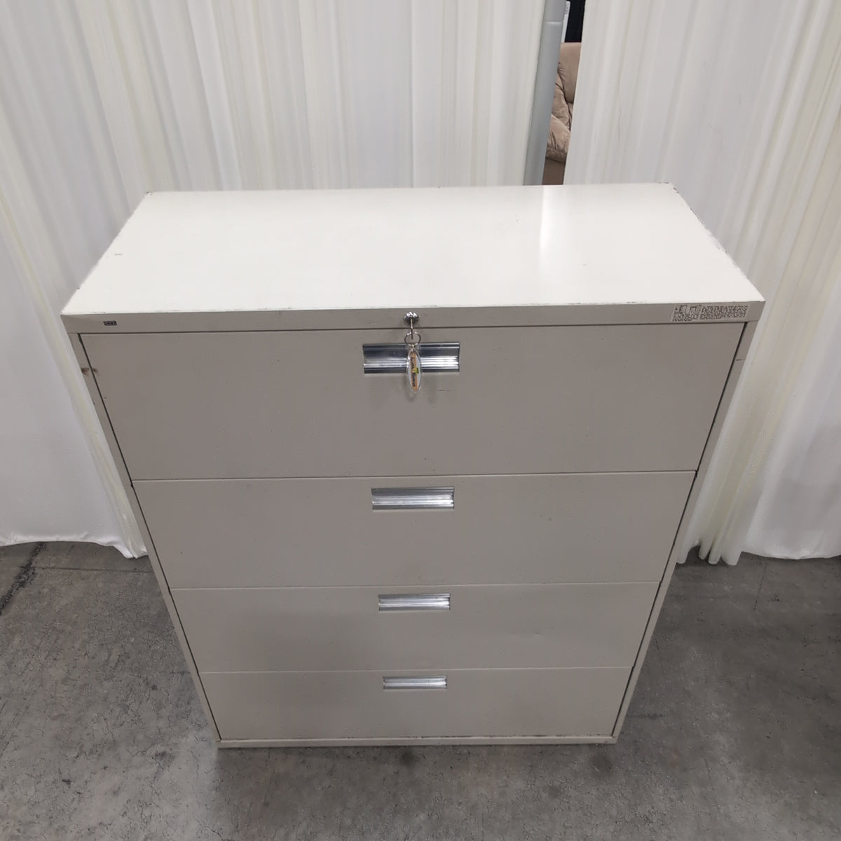 Grey Metal Four-Drawer Filing Cabinet with Lock