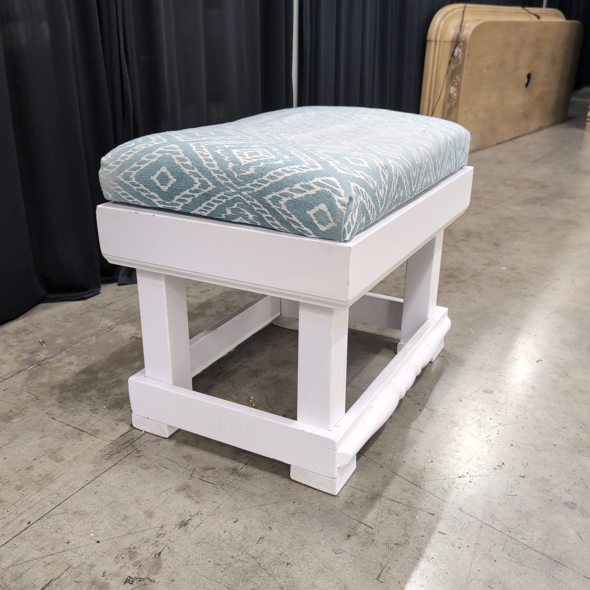 White Wood Ottoman with Patterned Cushion