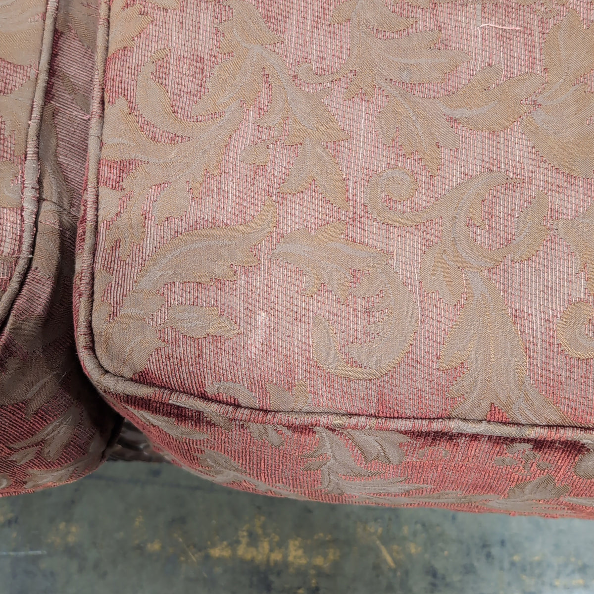 Traditional Red and Gold Brocade Couch with Carved Wood Frame