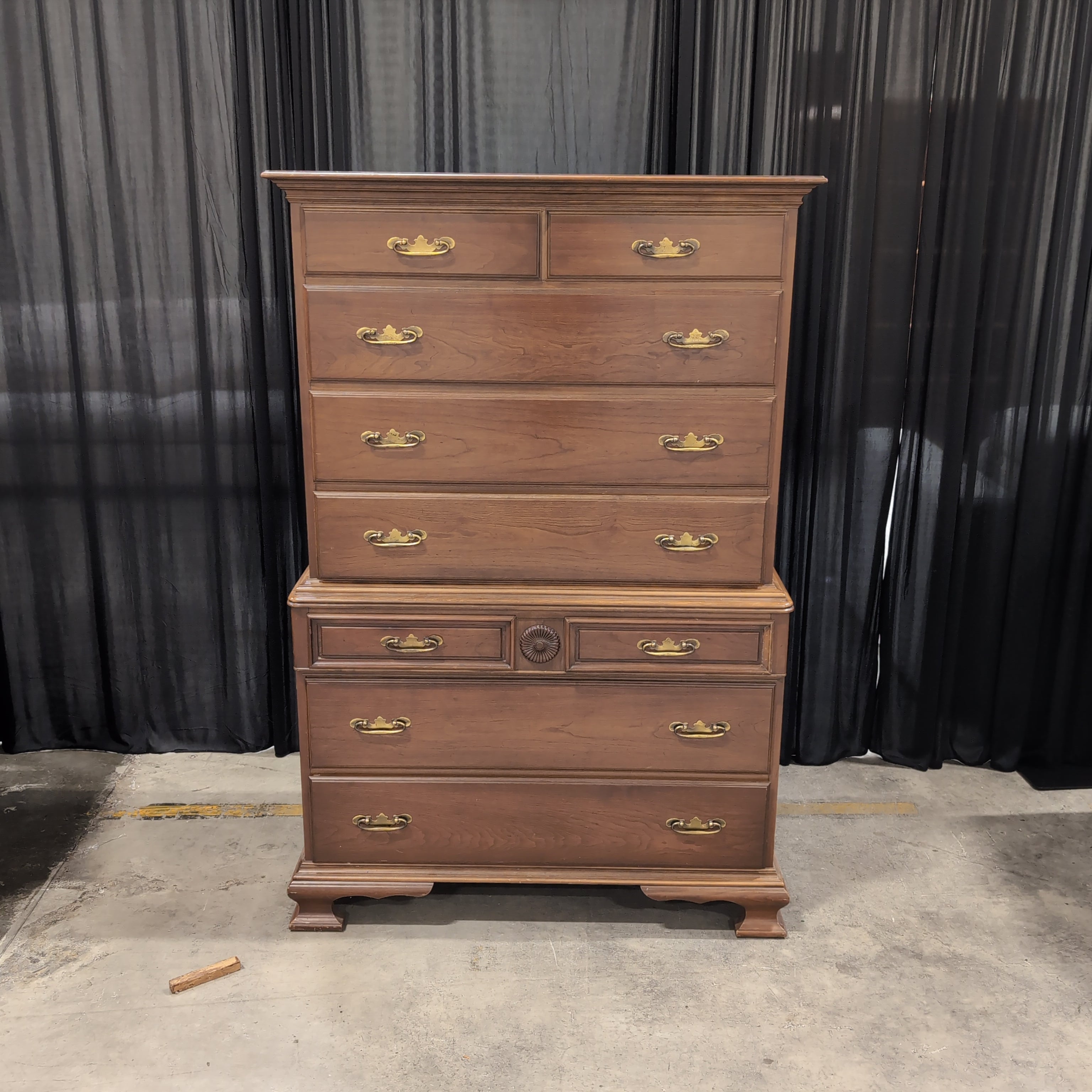 Traditional Cherry Stained Wood Tall Dresser with Ornate Hardware