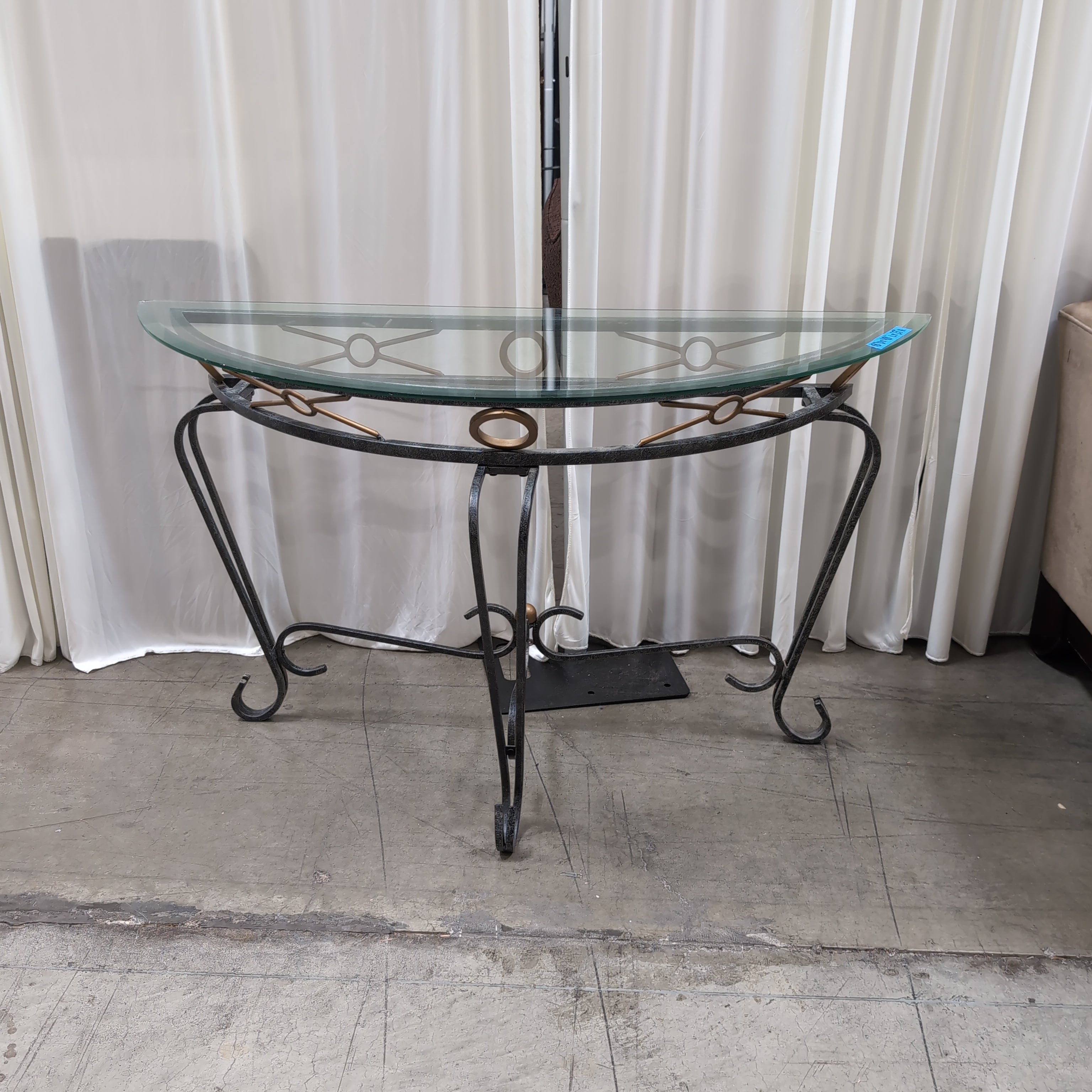 Ornate Black Metal Console Table with Glass Top