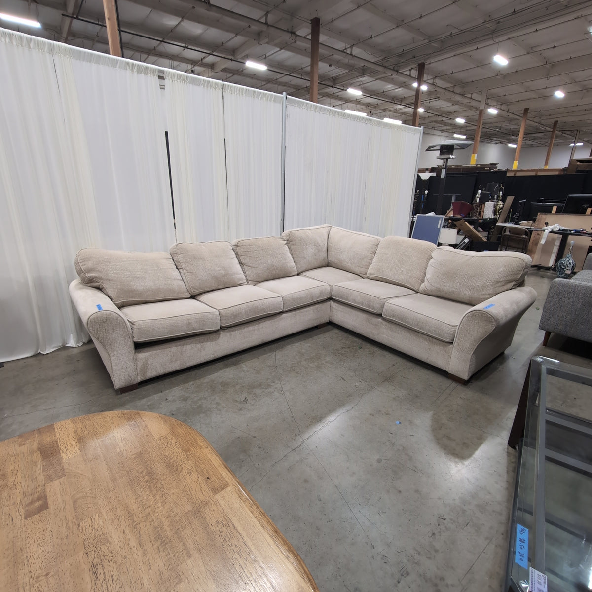 Light Beige Textured Fabric Sectional Couch with Rolled Arms